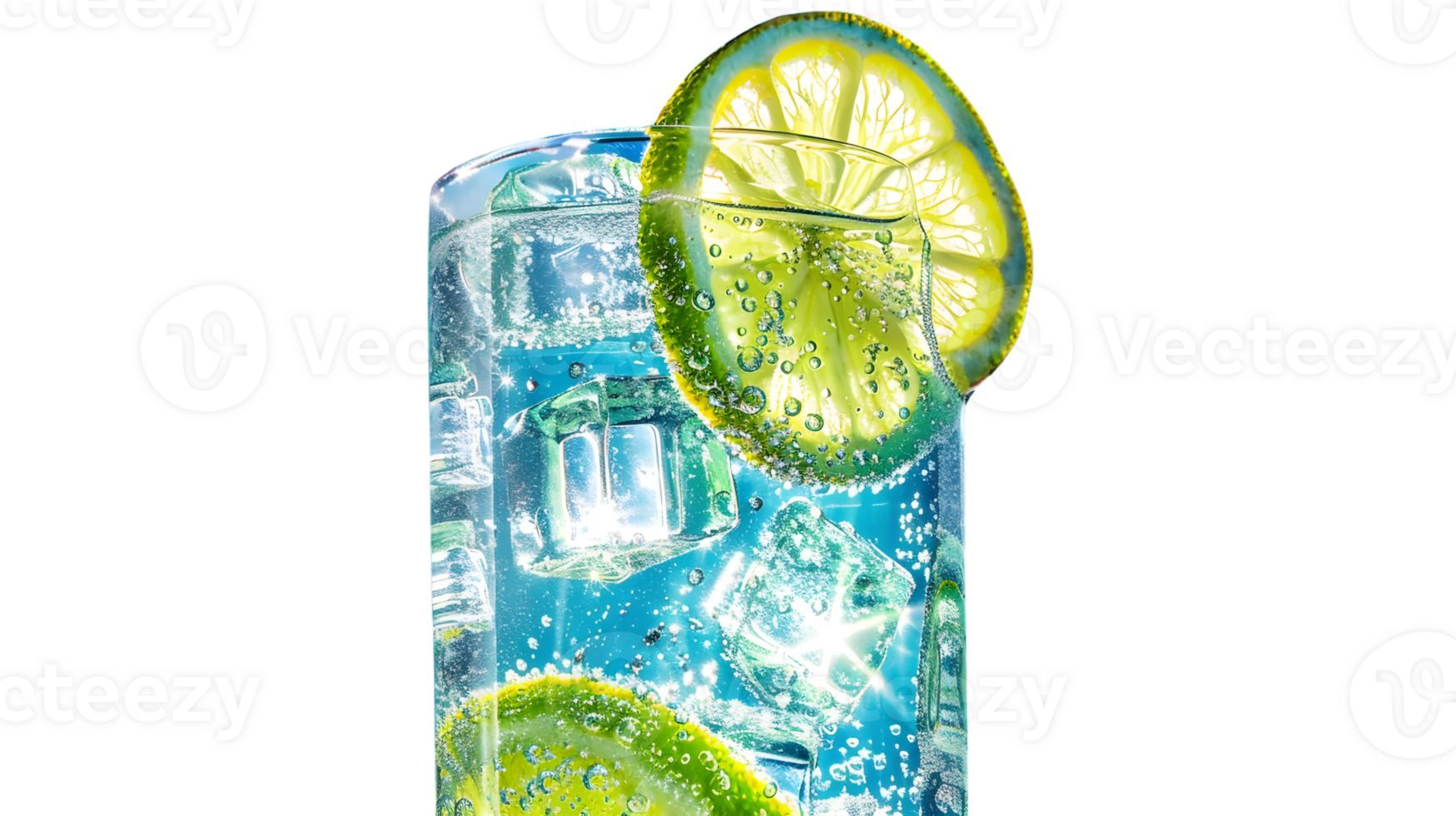 Refreshing Citrus Beverage with Ice Cubes and Lime Slices in a Glass Perfect for Summer Drinks png