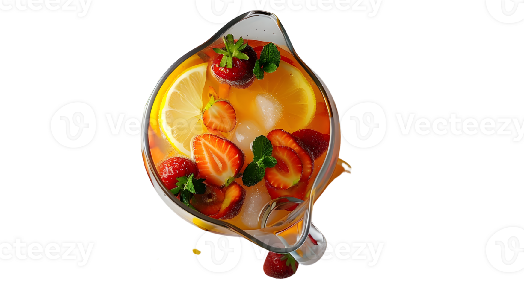 Refreshing Fruit Infused Beverage in a Glass Pitcher with Ice Lemon Slices Strawberries and png