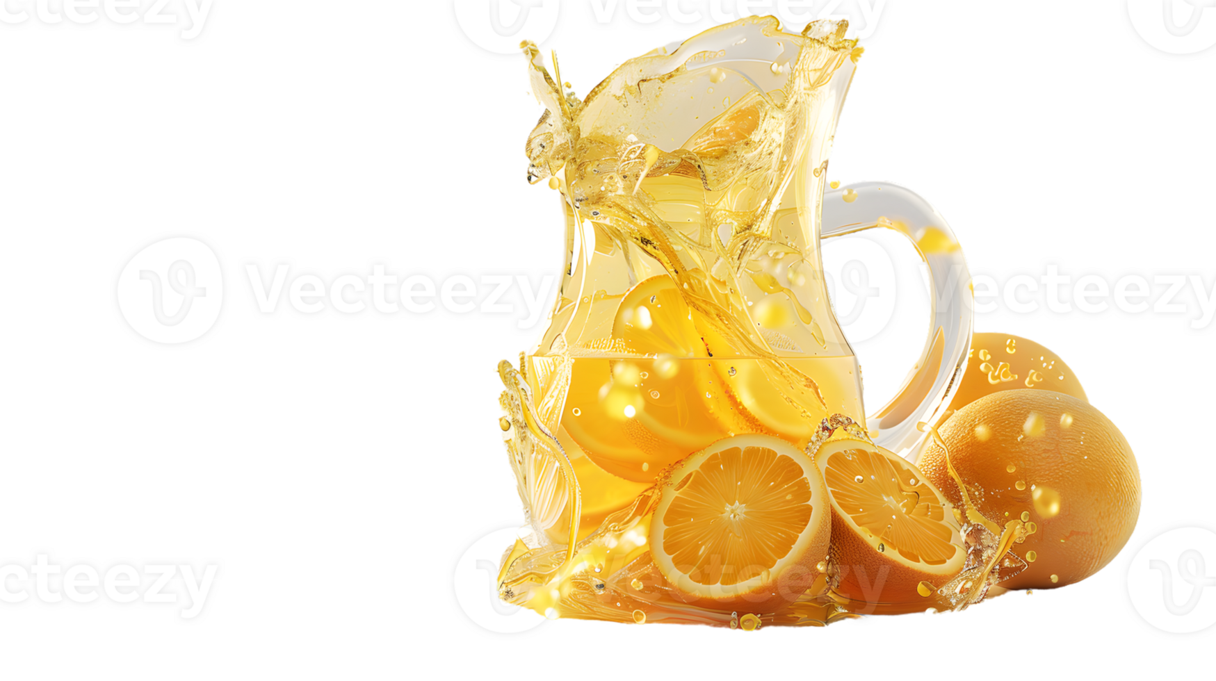 Refreshing Citrus Splash A Dynamic Glass Pitcher Overflowing with Orange Juice and Fresh Slice png