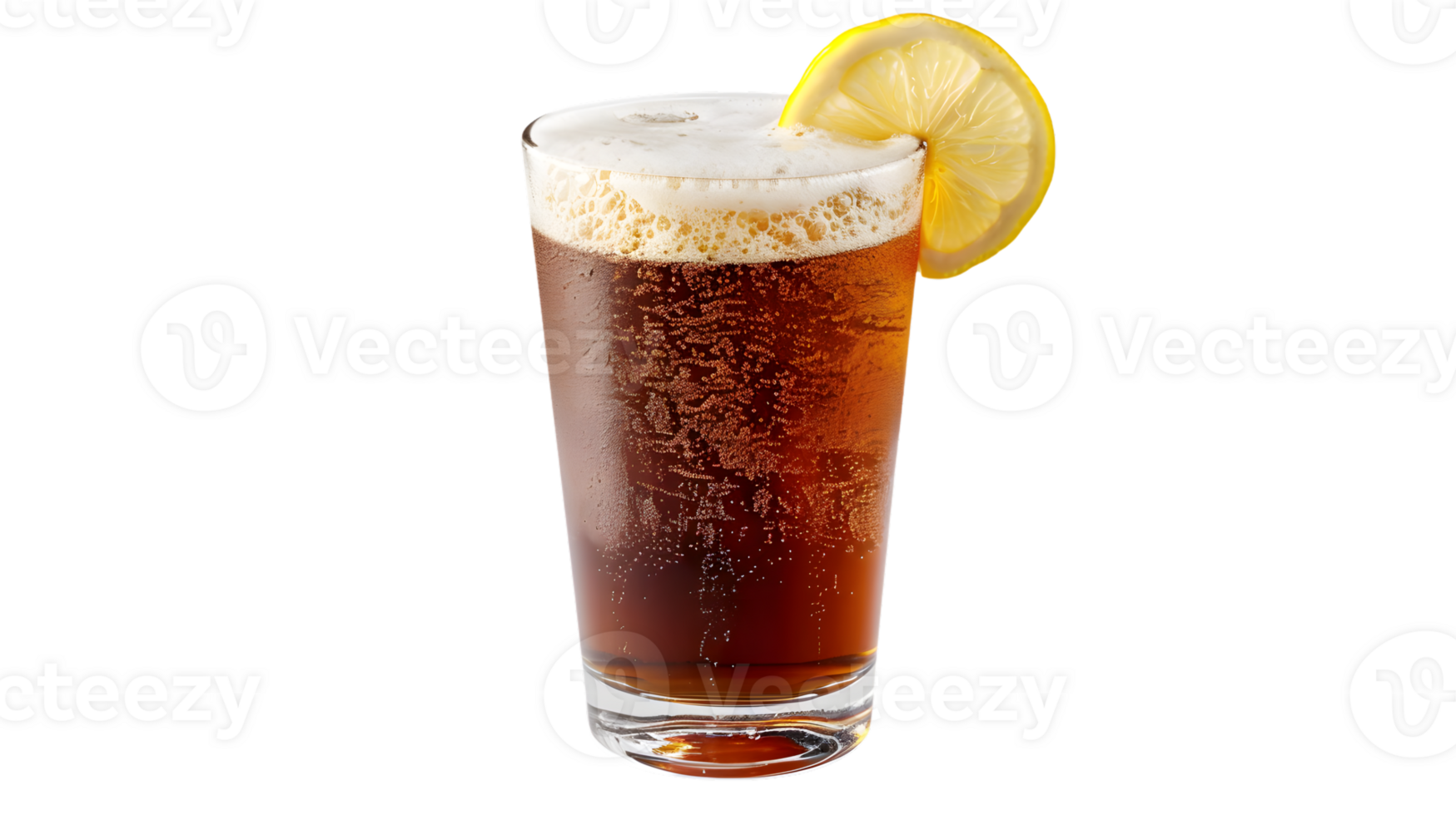 Refreshing Glass of Dark Beer with Lemon Slice on a Black Background png
