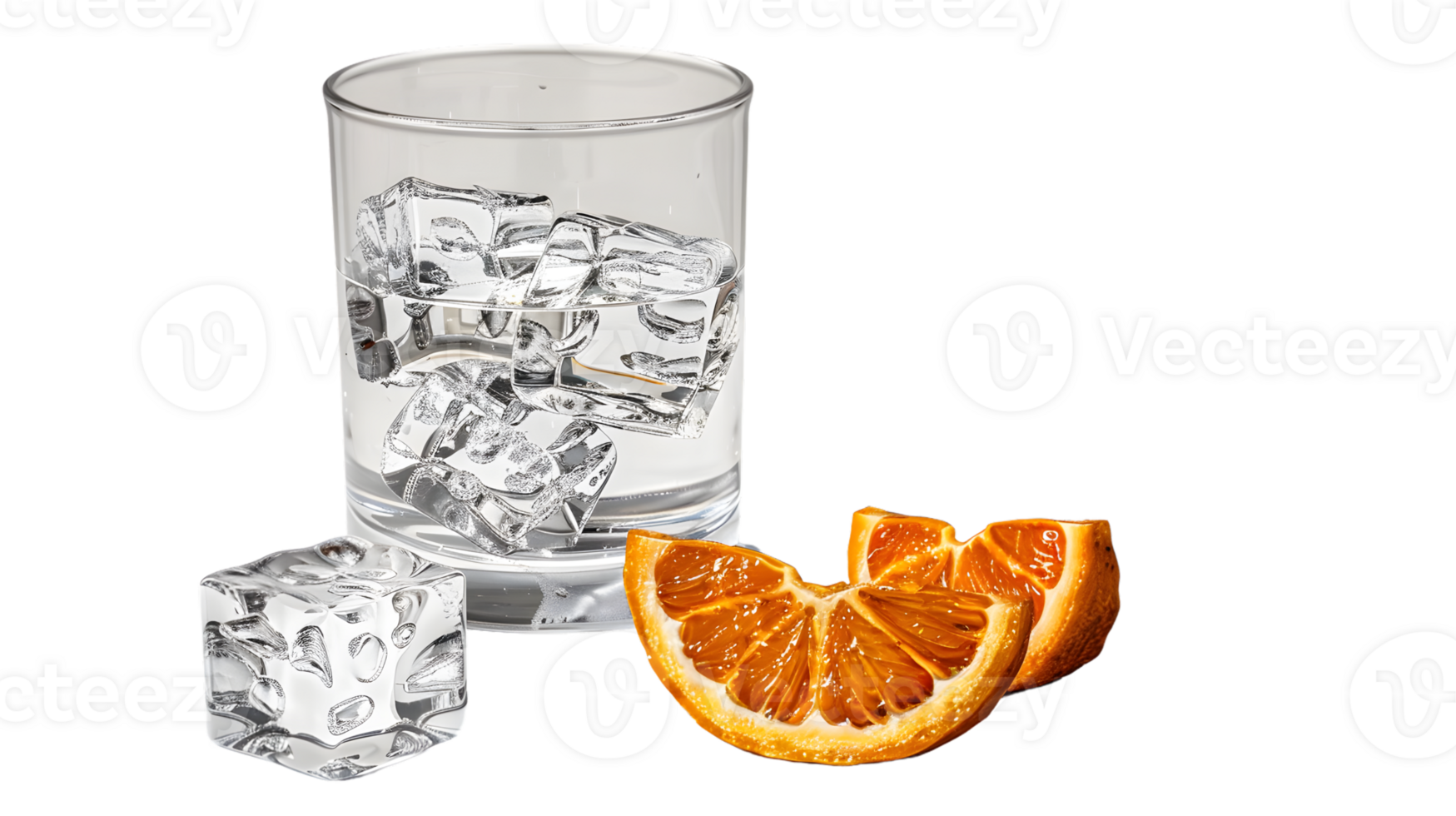 Refreshing Glass with Ice Cubes and Orange Slices on a Black Background png