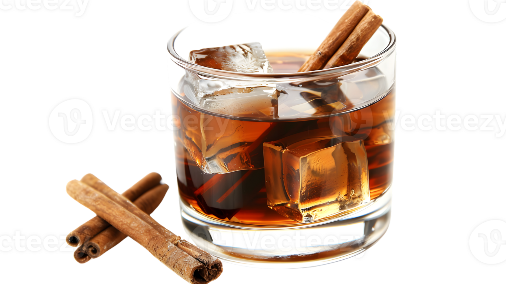 Refreshing Iced Beverage with Cinnamon Sticks and Ice Cubes in a Glass Ideal for Culinary and png