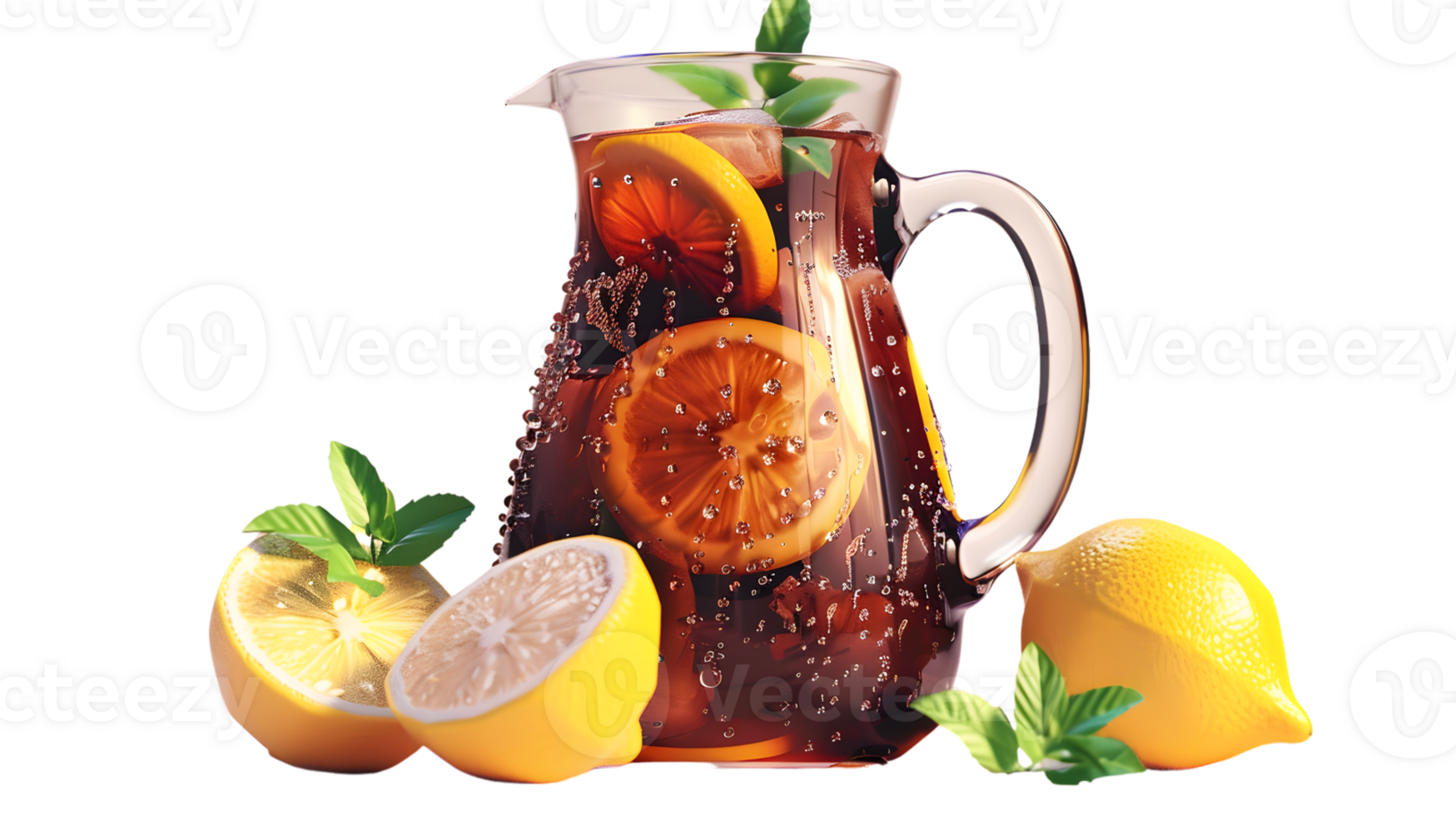 Refreshing Iced Beverage with Citrus Slices and Mint Leaves in a Glass Pitcher png