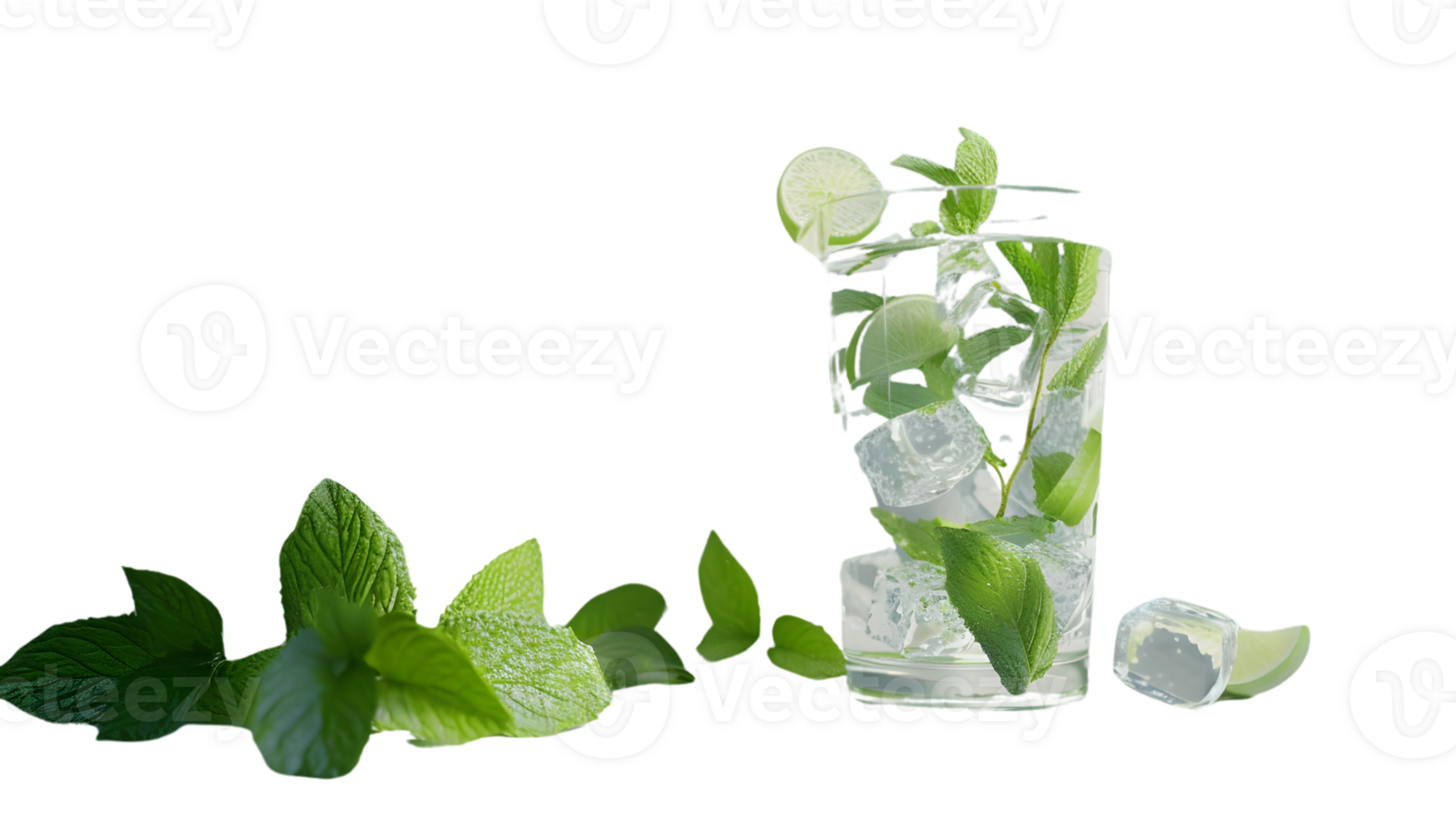 Refreshing Mint and Lime Cocktail with Ice Cubes in a Gl ass png