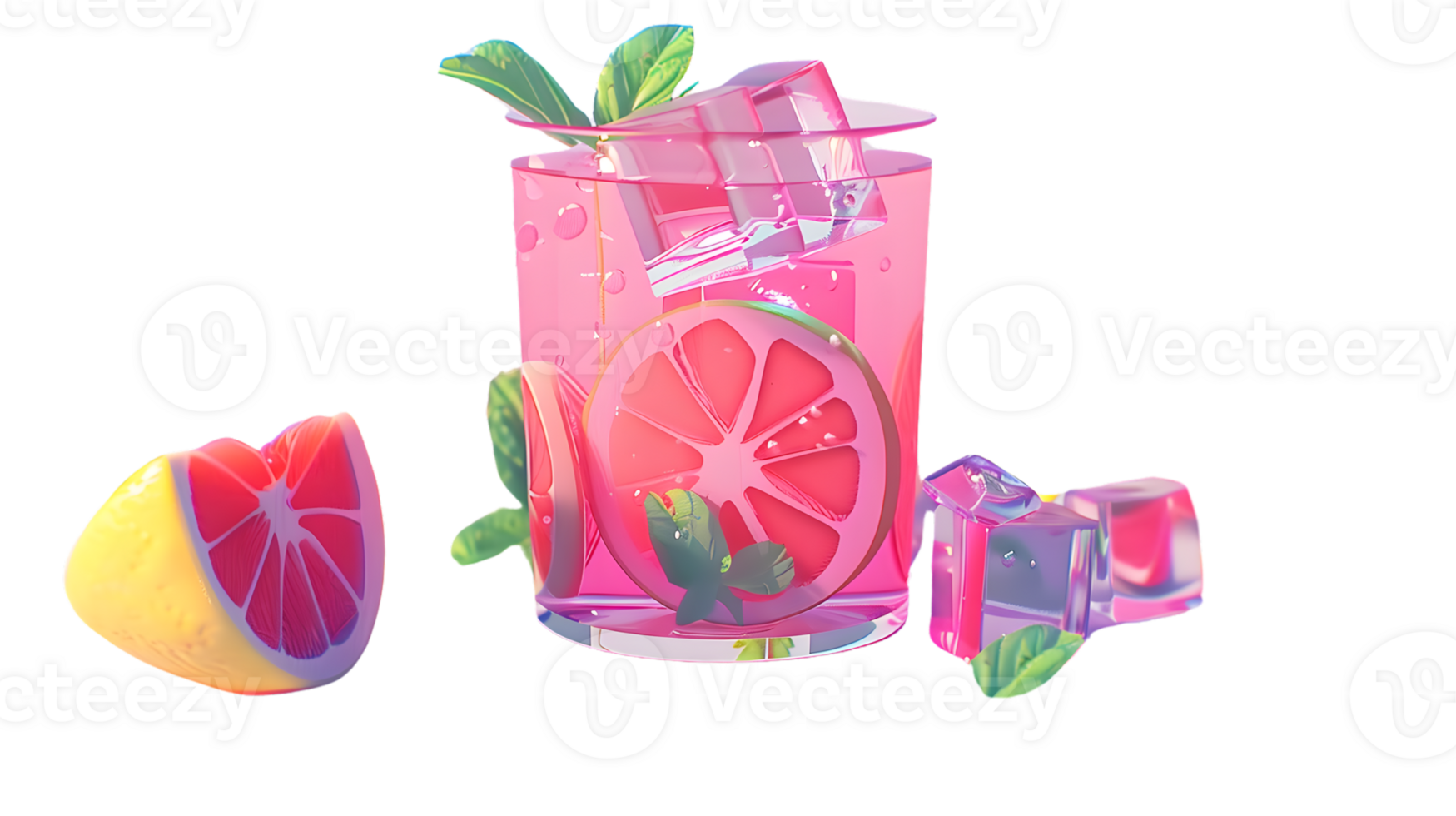 Refreshing Pink Beverage with Citrus and Ice Cubes 3D Rendered Drink Summer Cooler Lemonade png