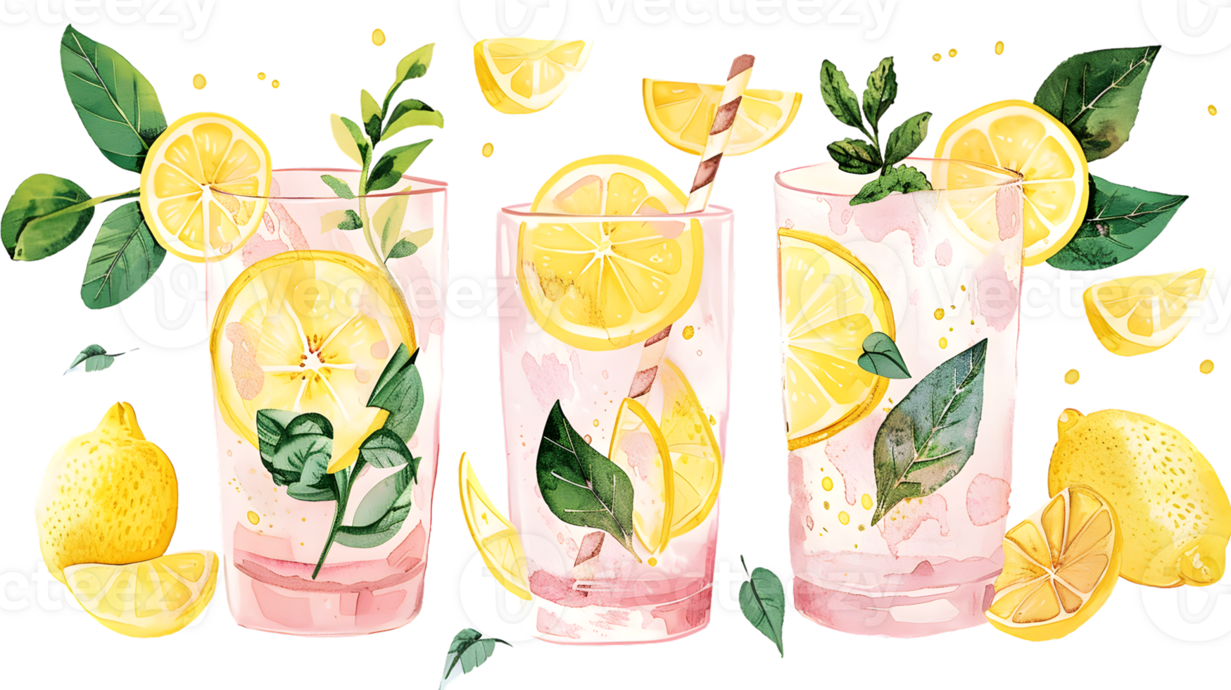 Refreshing Lemonade Drinks with Lemon Slices and Mint Leaves in Glasses png