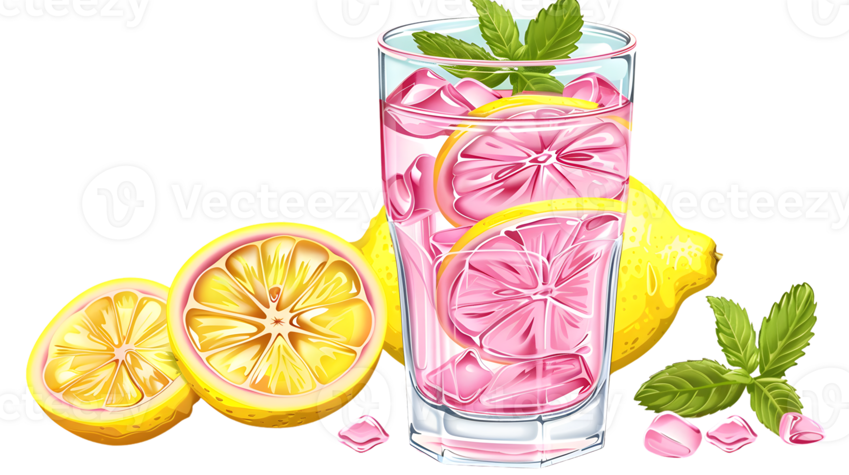 Refreshing Pink Lemonade with Ice Mint and Slices of Lemon in a Glass Ideal for Summer Drink png