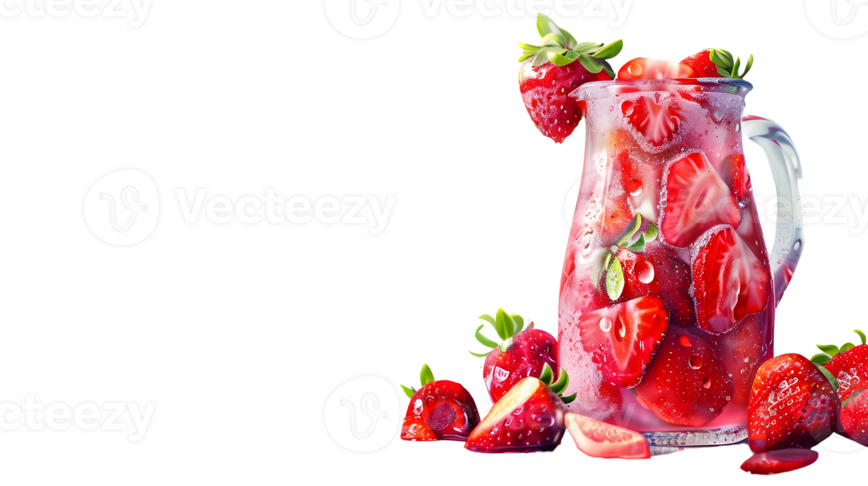 Refreshing Strawberry Infused Water in a Glass Pitcher with Ice Cubes and Fresh Berries png