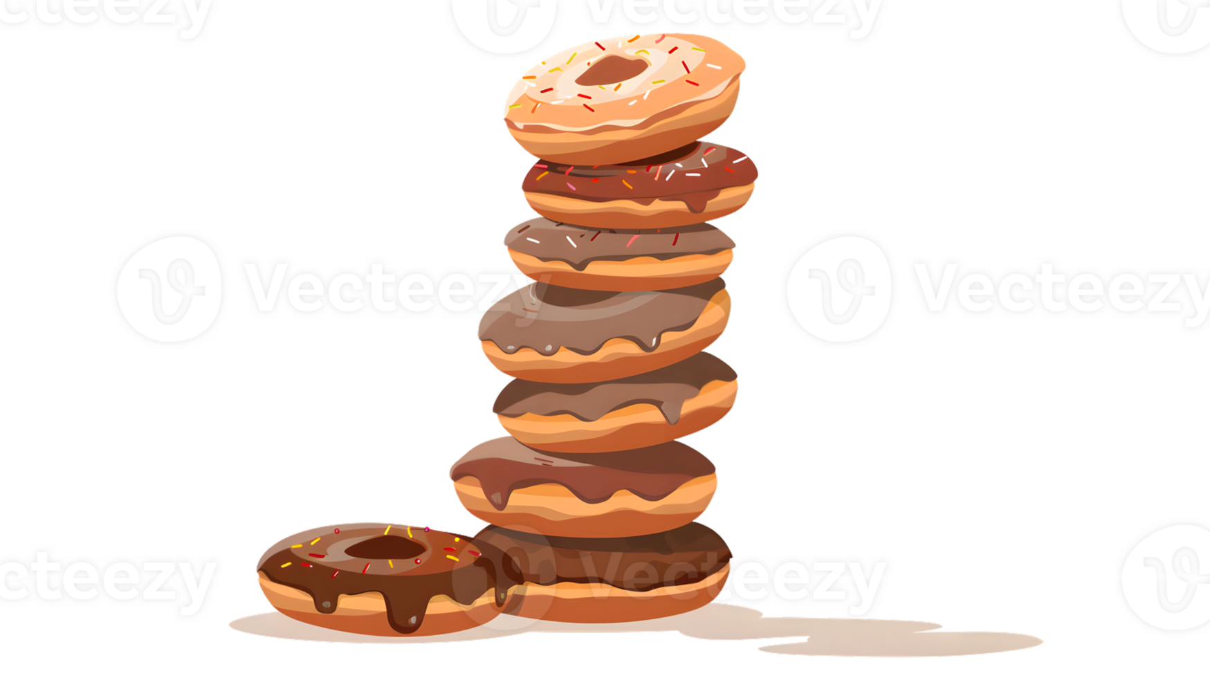 Stacked Sweet Delights A Tower of Chocolate and Glazed Donuts with Sprinkles png