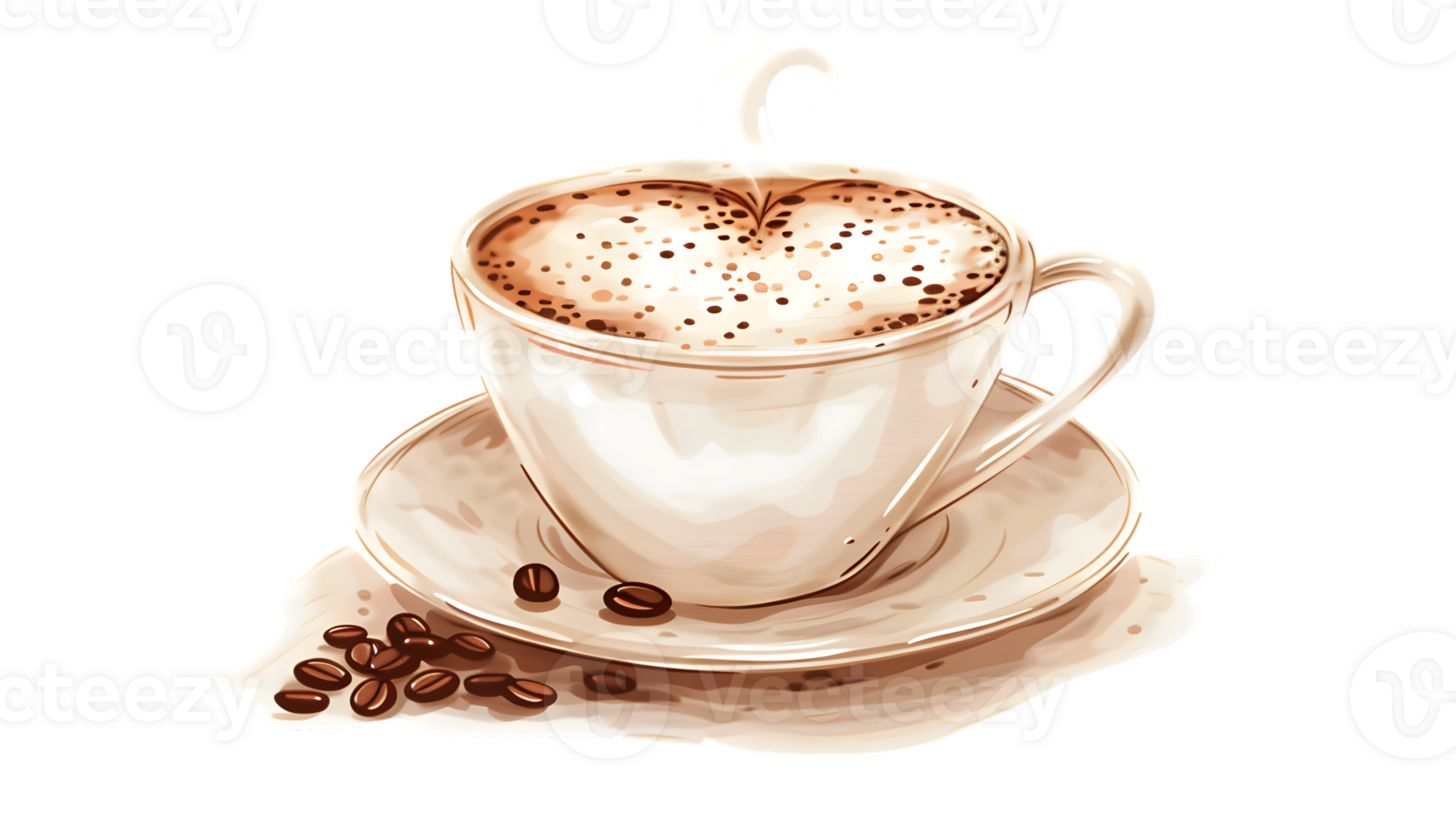 Steaming Cup of Coffee with Frothy Top and Coffee Beans Perfect for Breakfast or Relaxation png