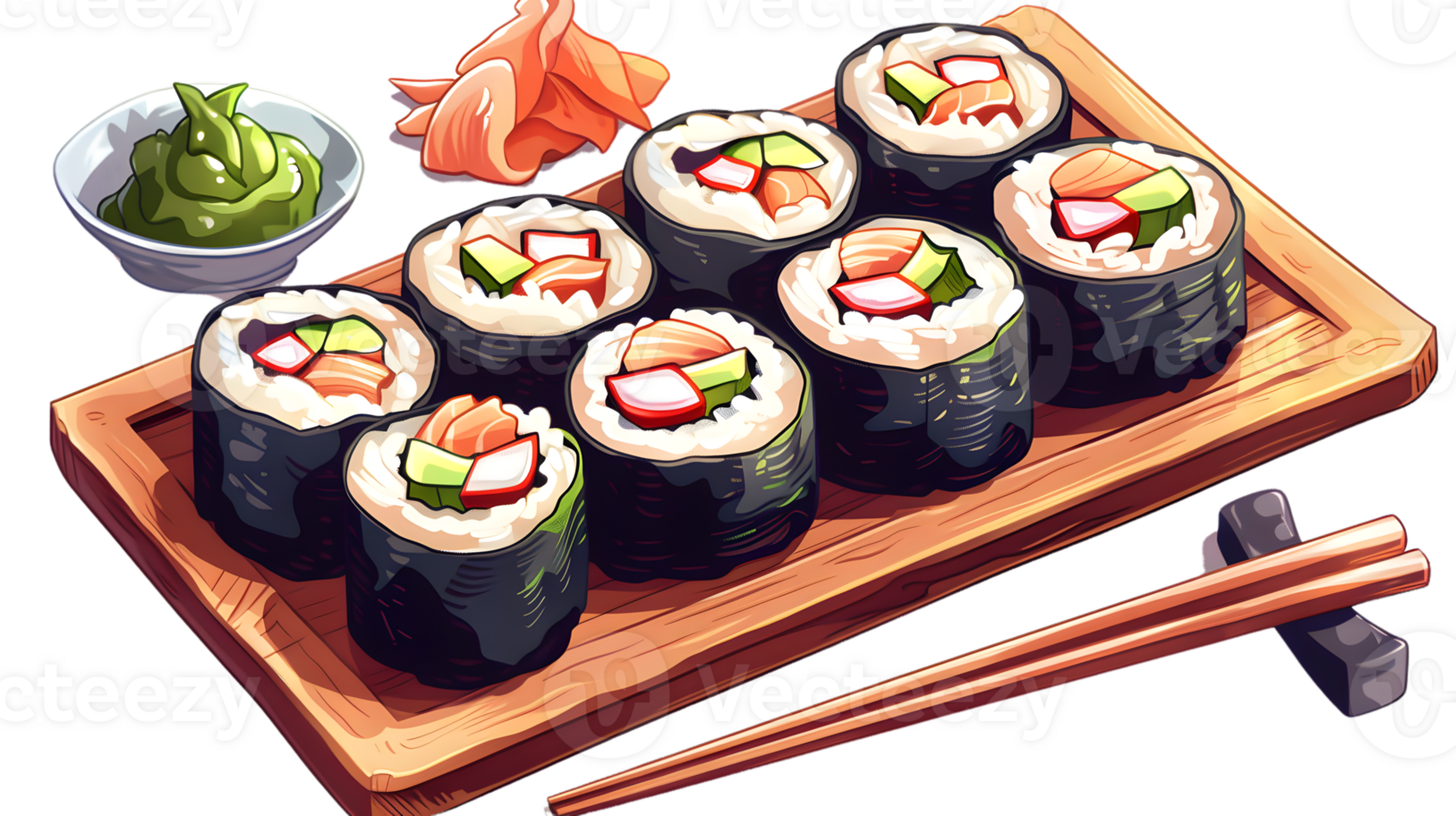 Sushi platter with chopsticks and wasabi png