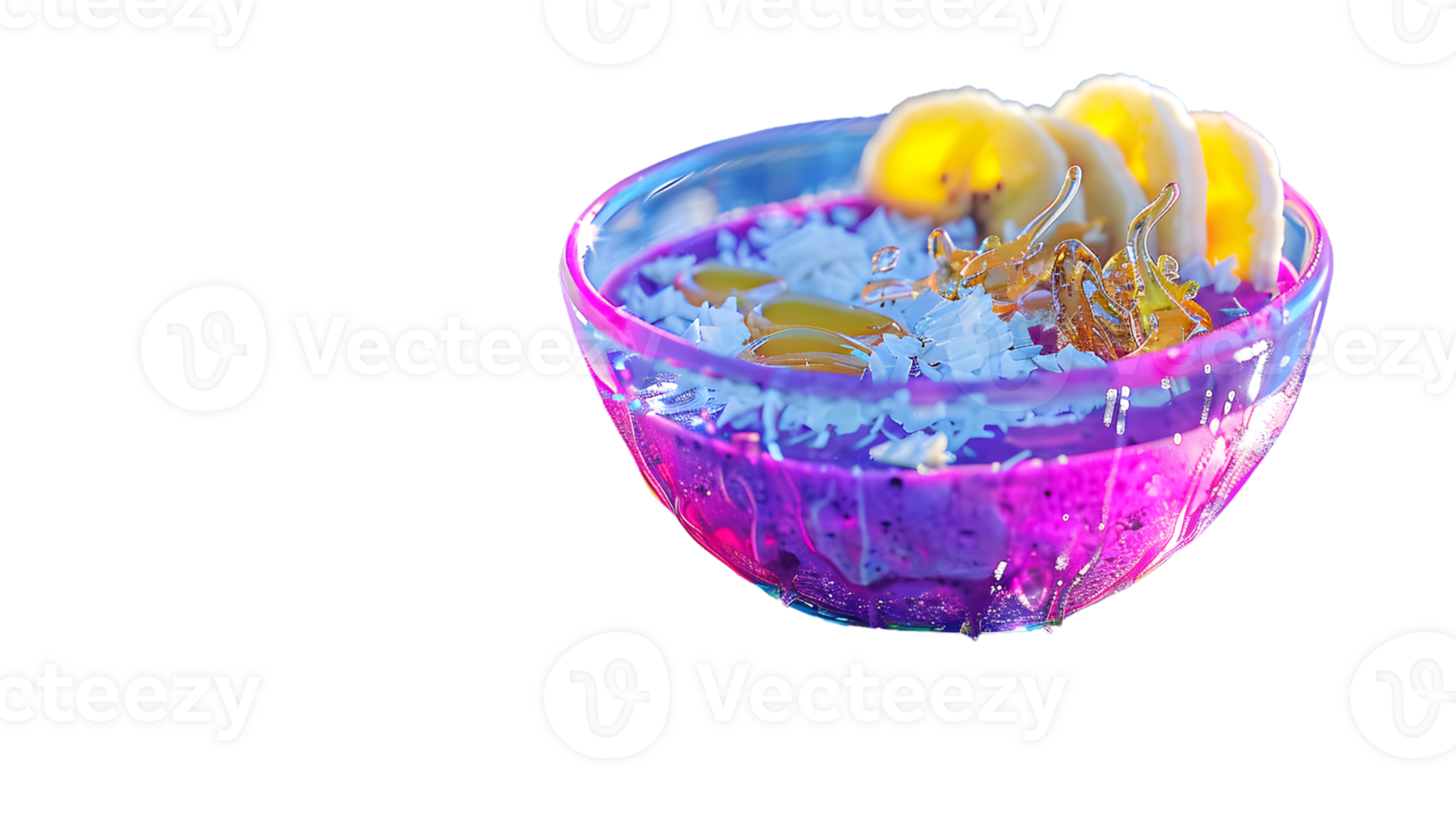 Vibrant Neon Bowl with Banana Slices and Liquid Elements Perfect for Futuristic Food Art and C png