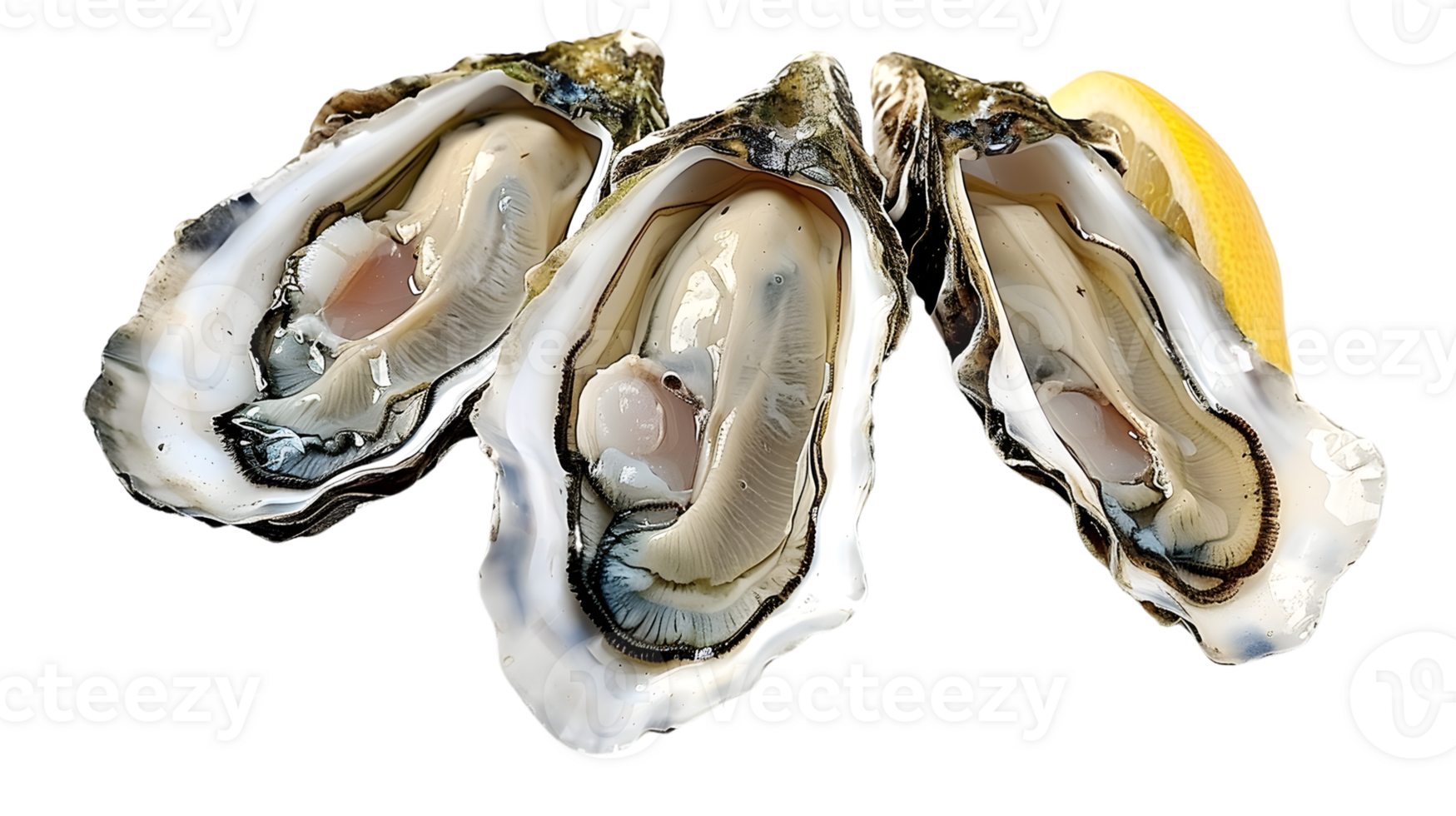 Three Fresh Oysters with Lemon on Black Background png