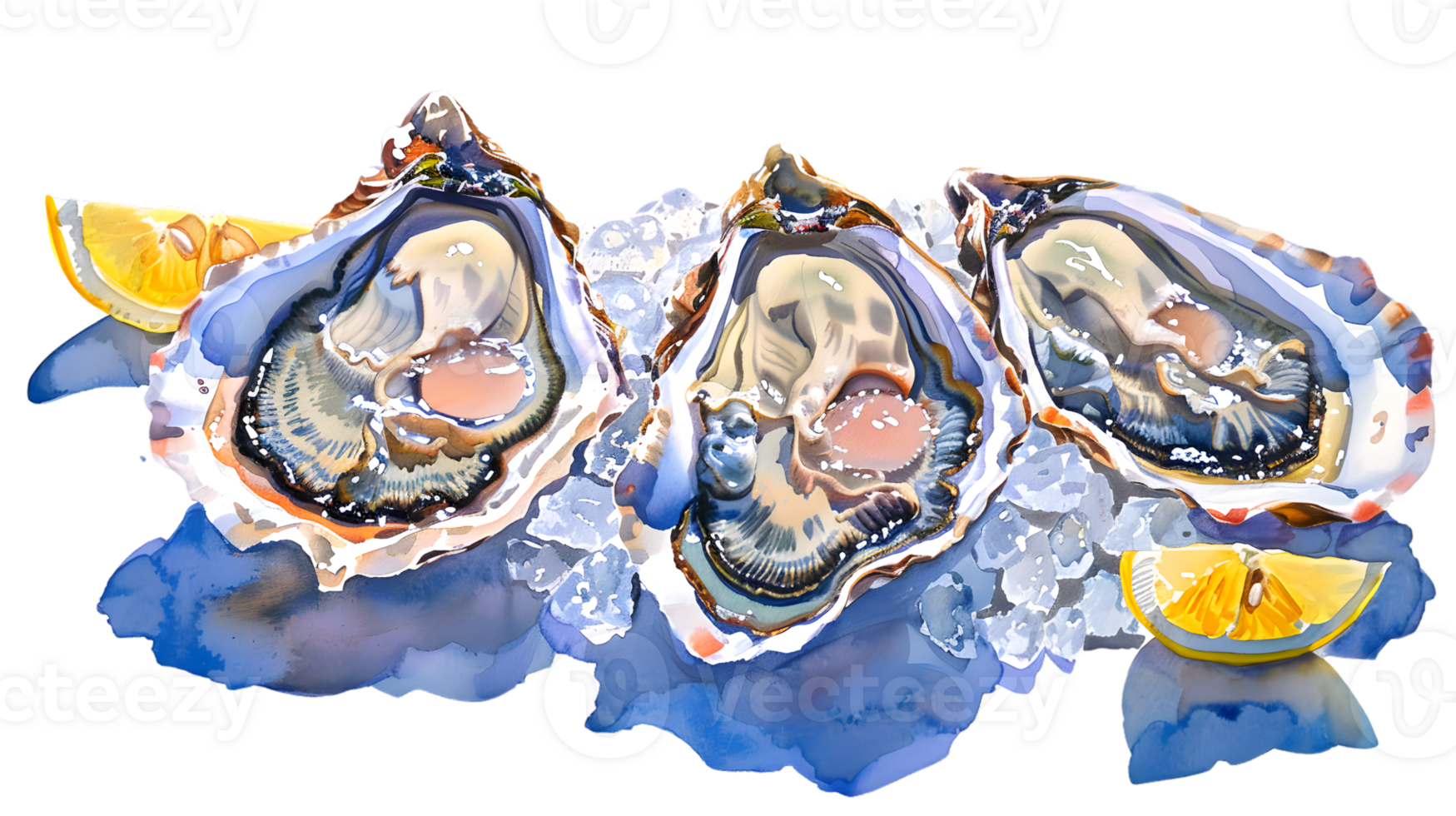 Three fresh oysters on ice with lemon slices png