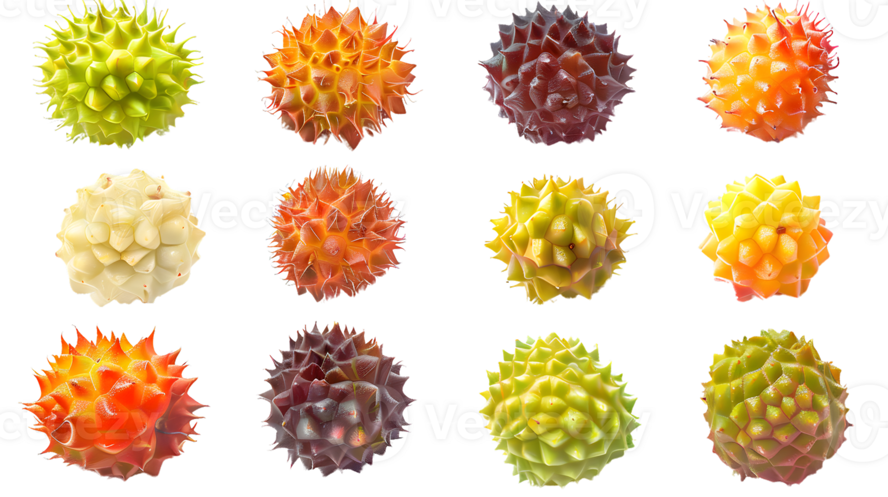 Twelve vibrant spherical seed pods diverse colors botanical textures macro photography png