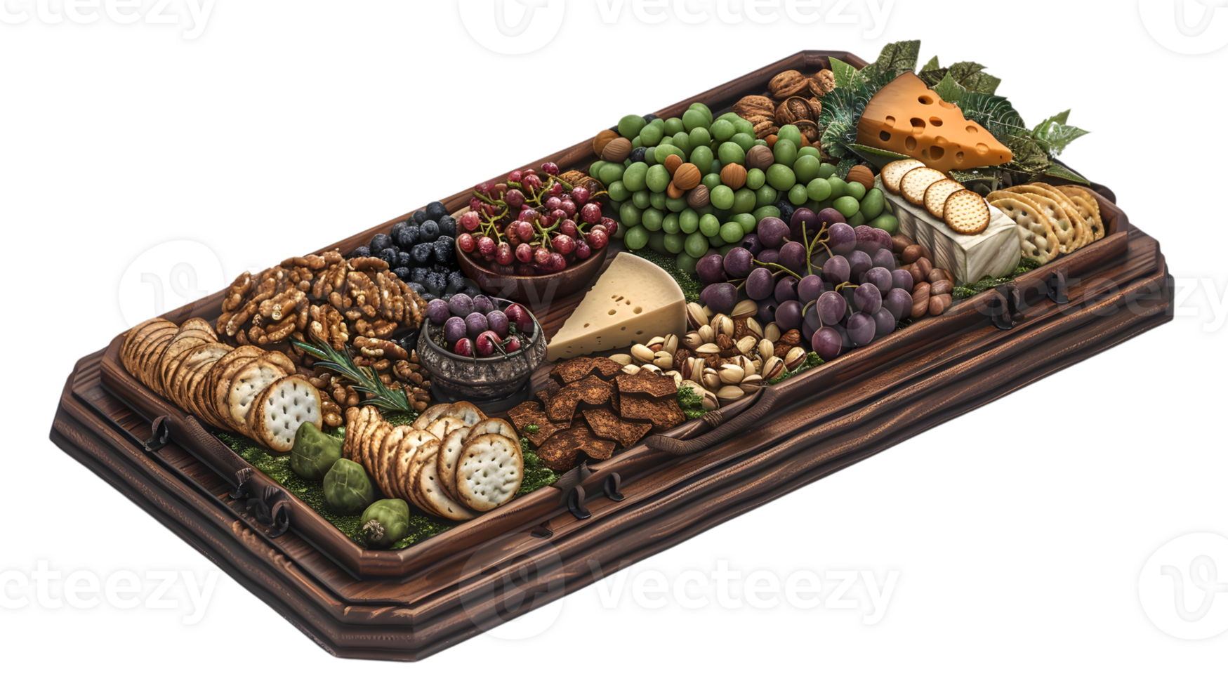 Wooden tray with cheese crackers grapes and nuts png