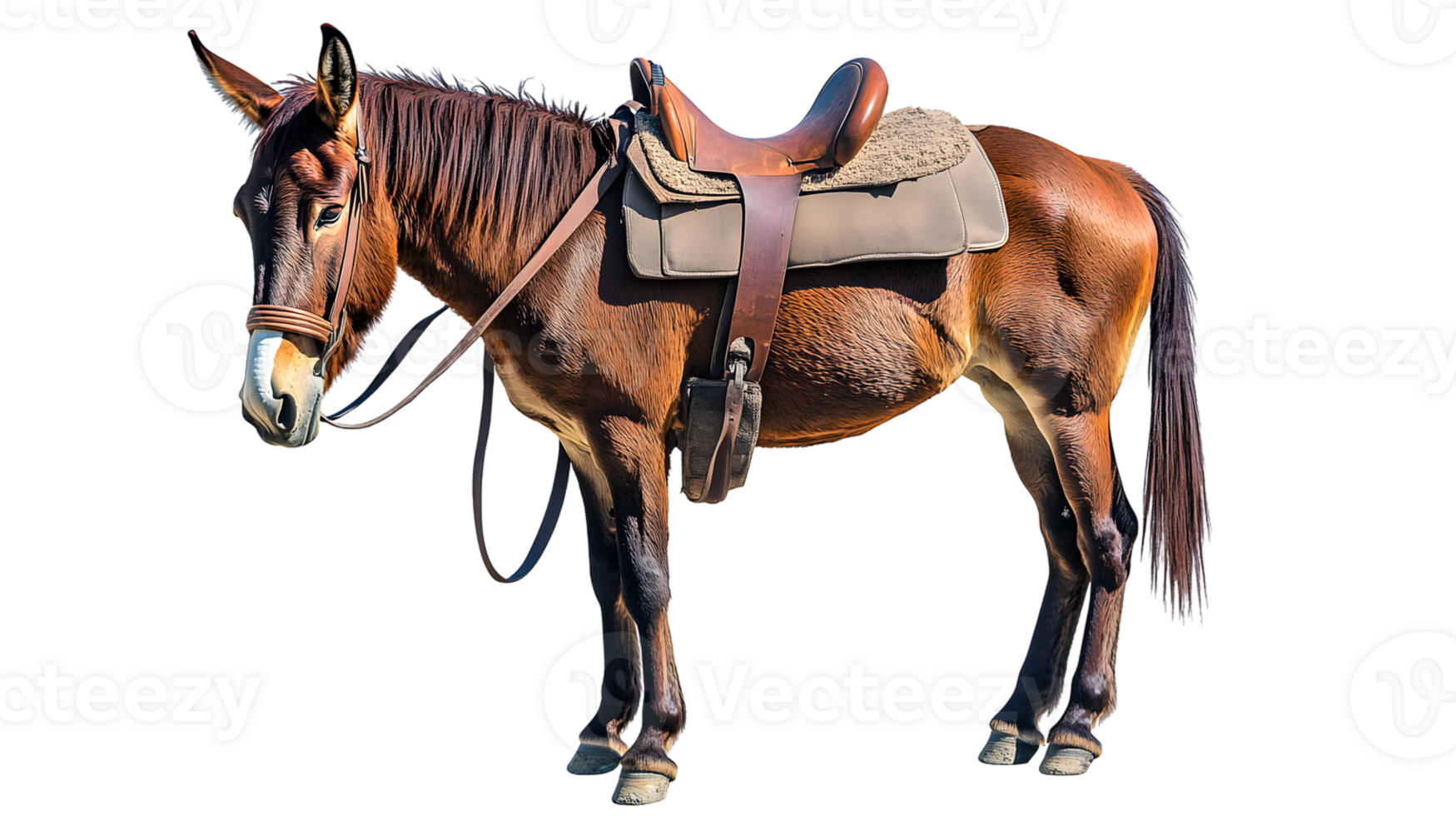 A majestic horse with a saddle ready for riding set against a black background png