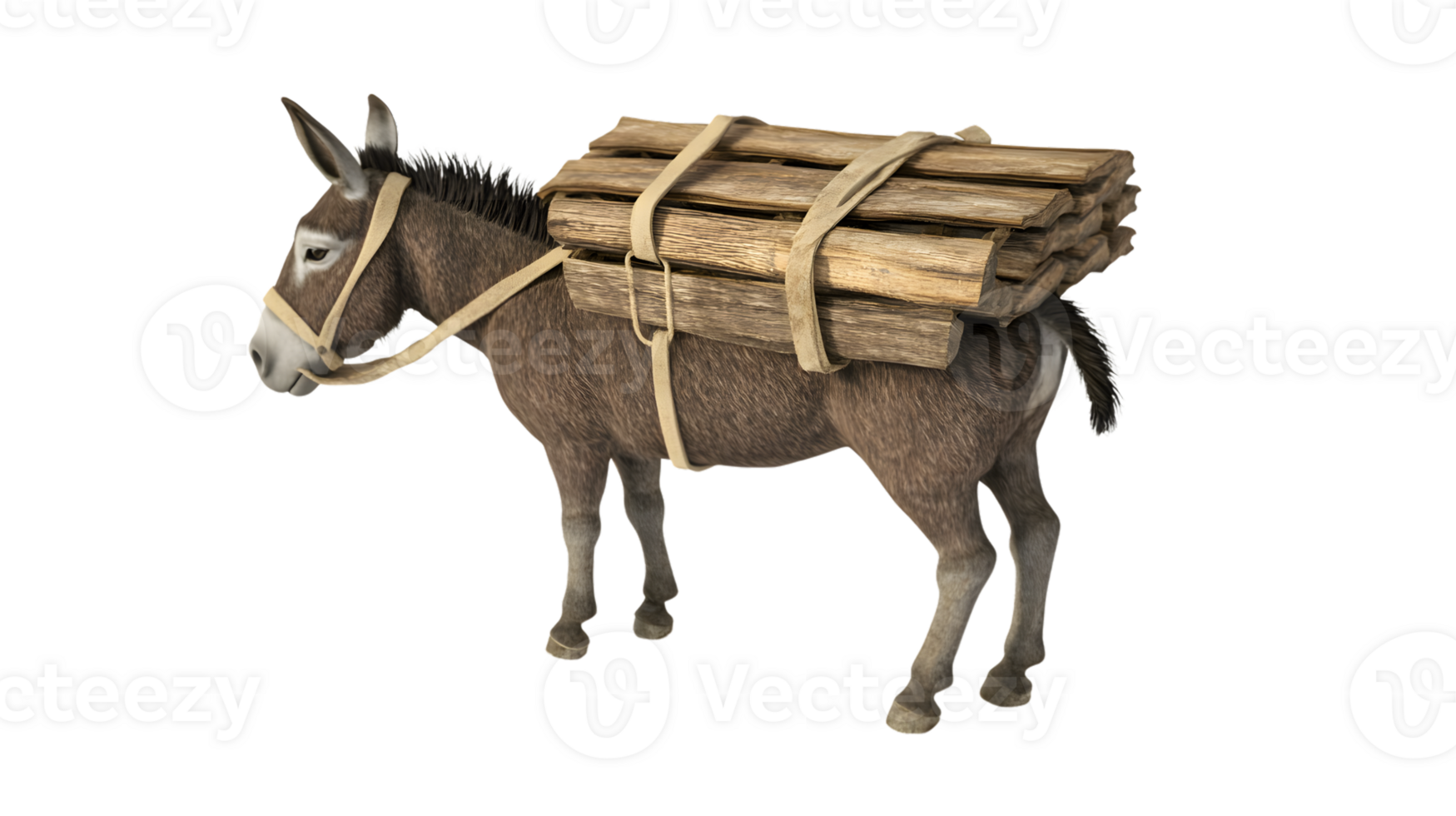 A sturdy pack animal carrying a load of wooden planks ideal for rustic and rural themes png