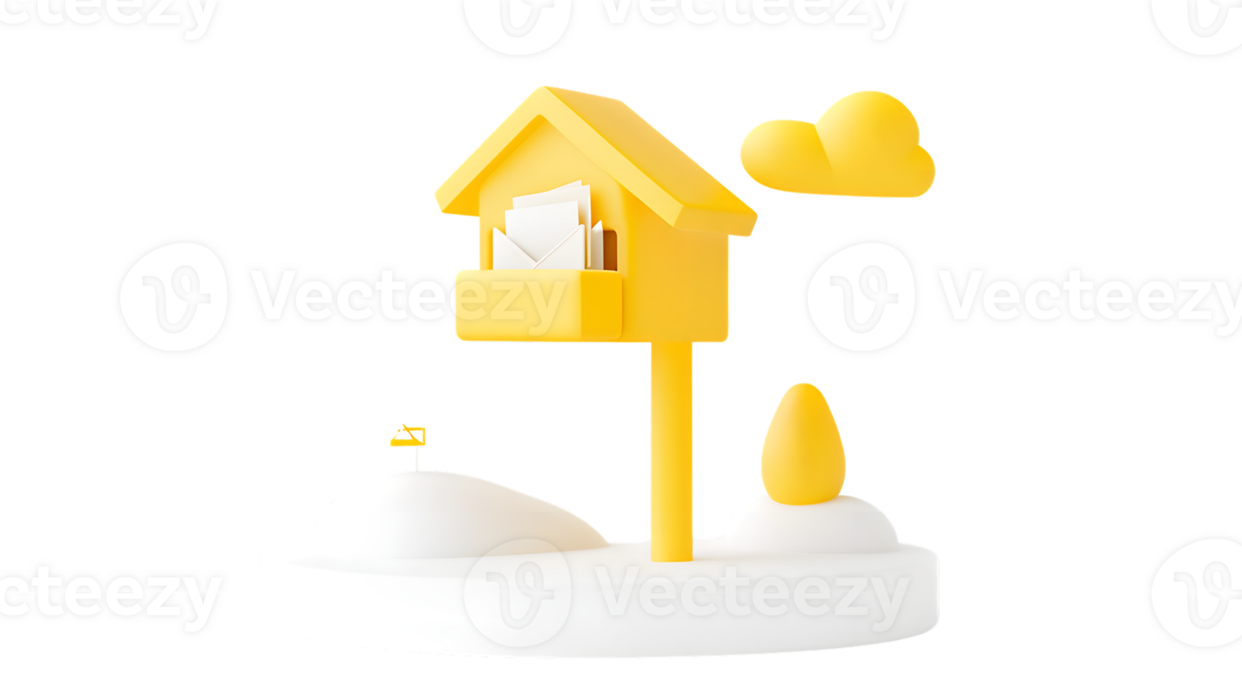 A vibrant mailbox scene with letters cloud and small flag on a snowy base png