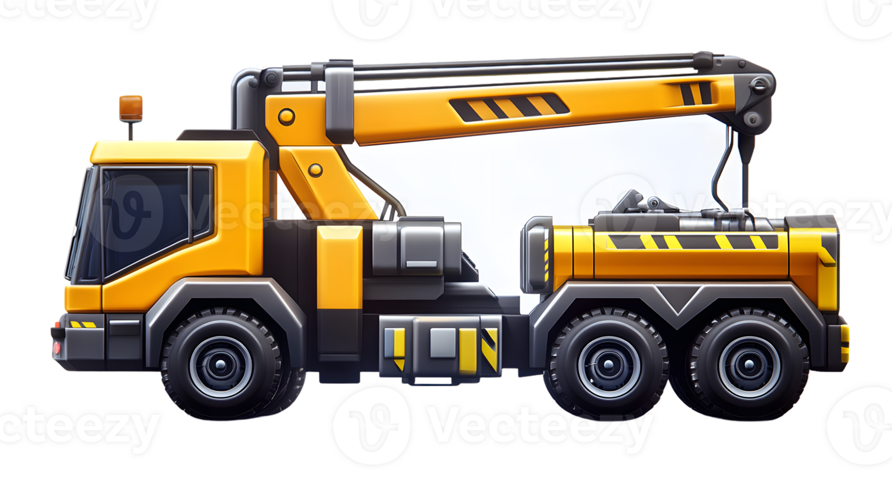 A vibrant yellow construction crane truck with detailed features and large wheels ideal for en png