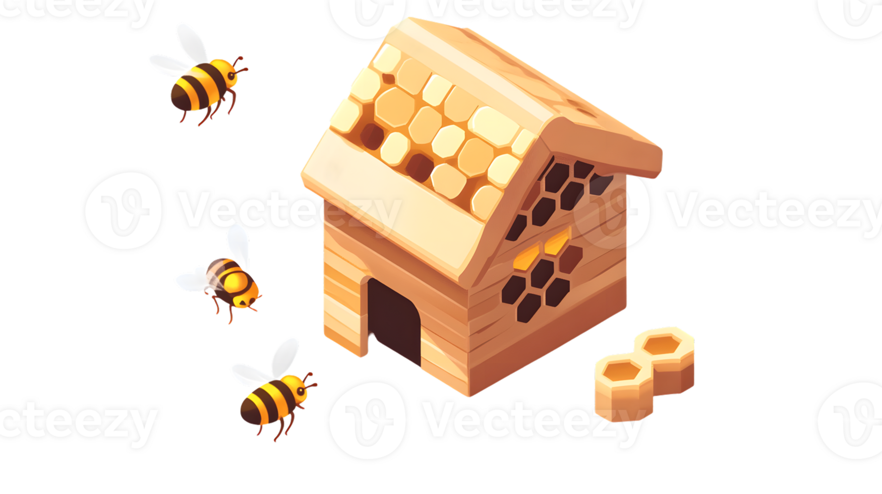 Bees Buzzing Around a Honeycomb Nest with Hexagonal Cells png