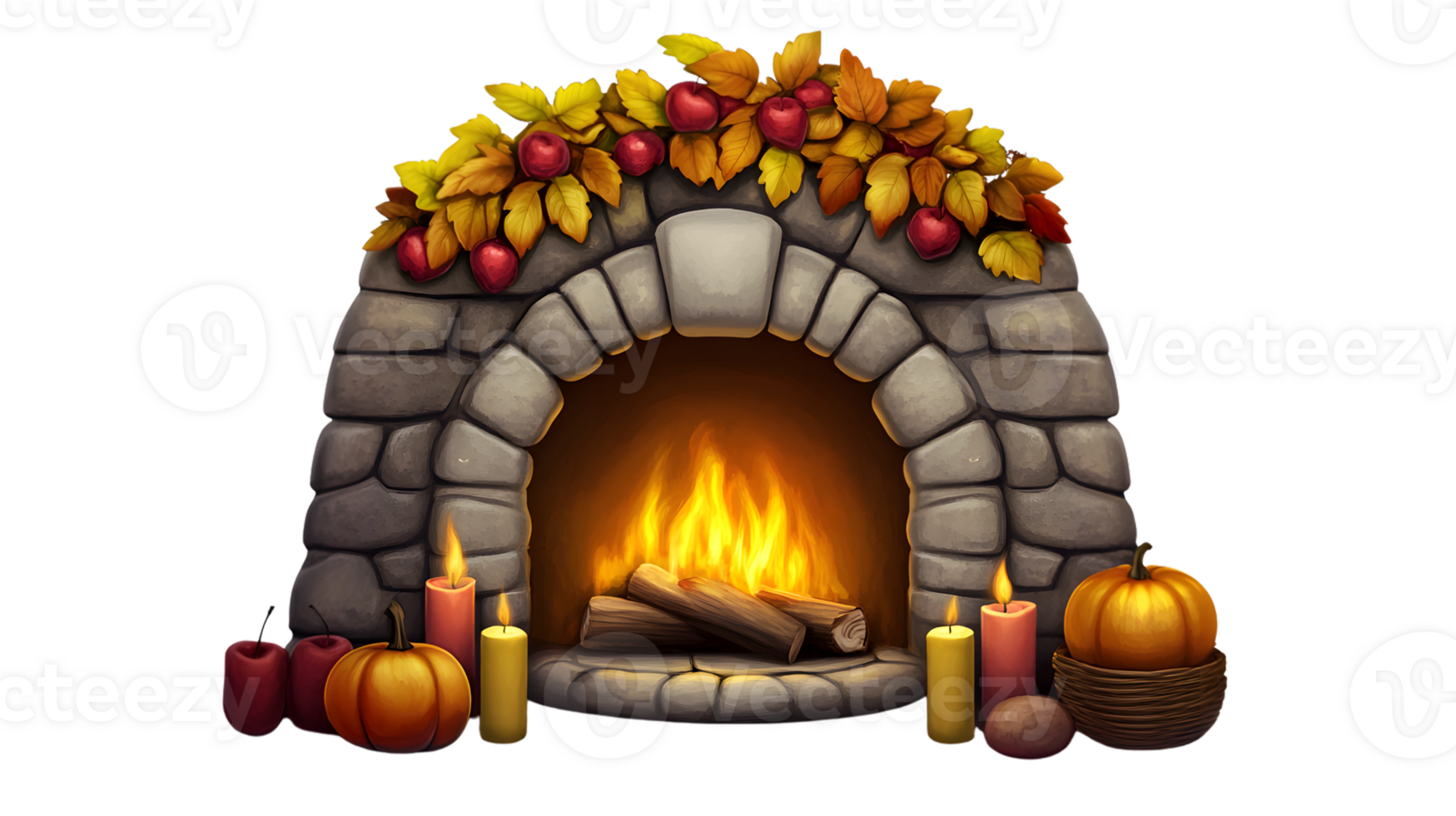 Autumnal Cozy Fireplace Scene with Pumpkins Candles and Falling Leaves for Festive Decoration png