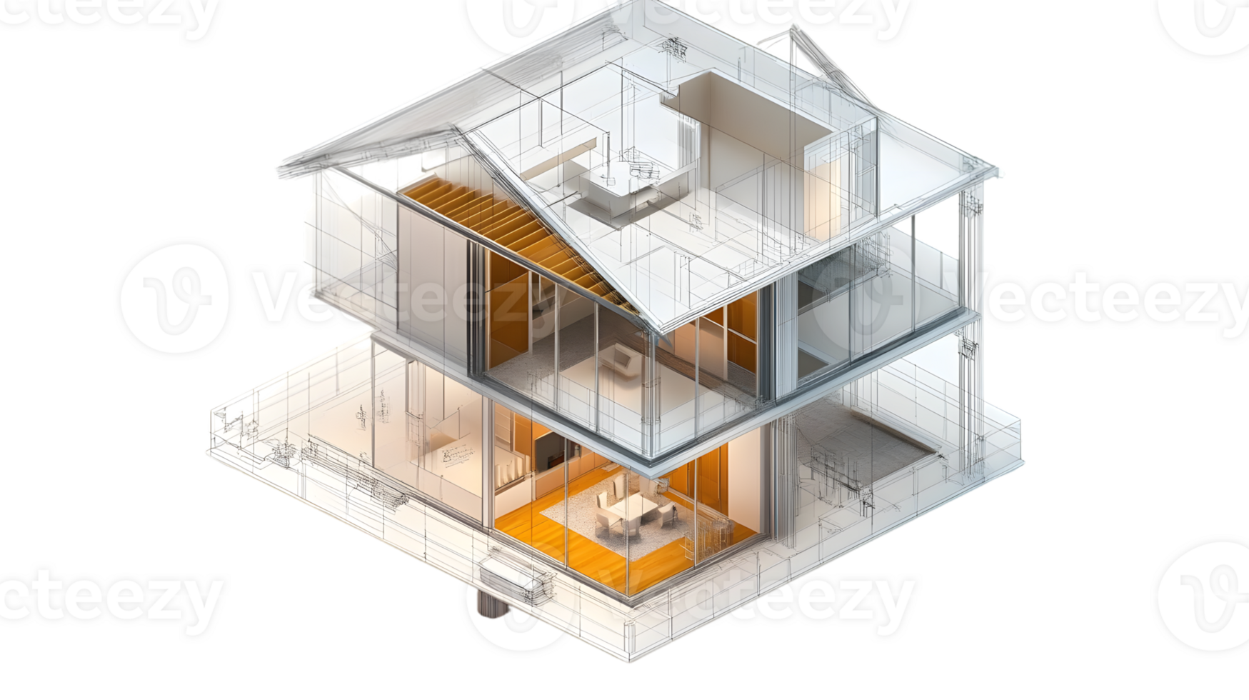 Architectural Blueprint of a Modern House with Transparent Walls and Detailed Interior Design png