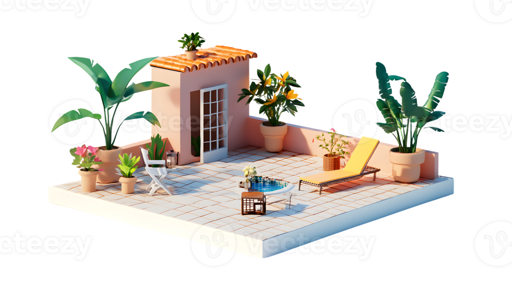 Charming Miniature Patio Scene with Plants Furniture and Pool for Relaxation and Design Inspi png