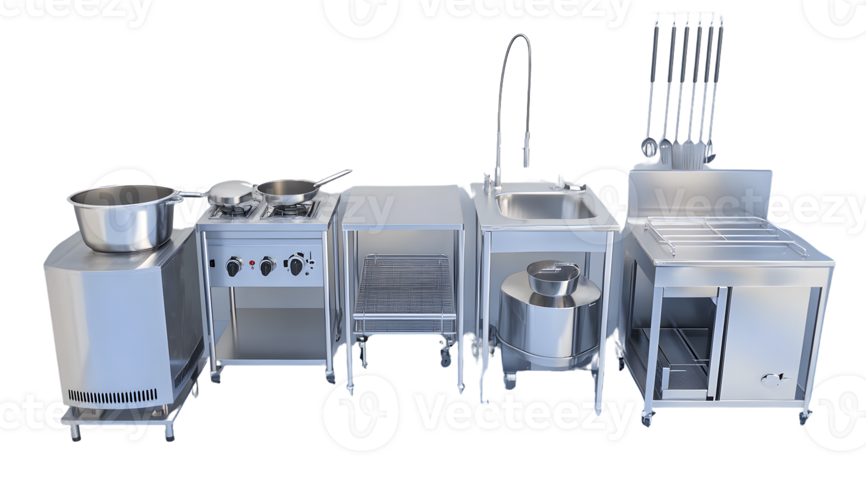 Commercial Kitchen Equipment Display Featuring Stainless Steel Appliances and Workstations png