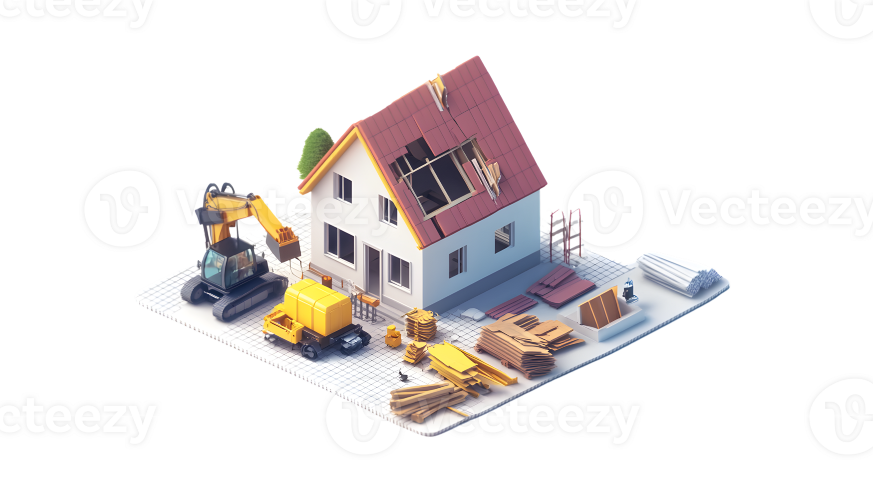 Construction Site with House Renovation and Machinery Tools png