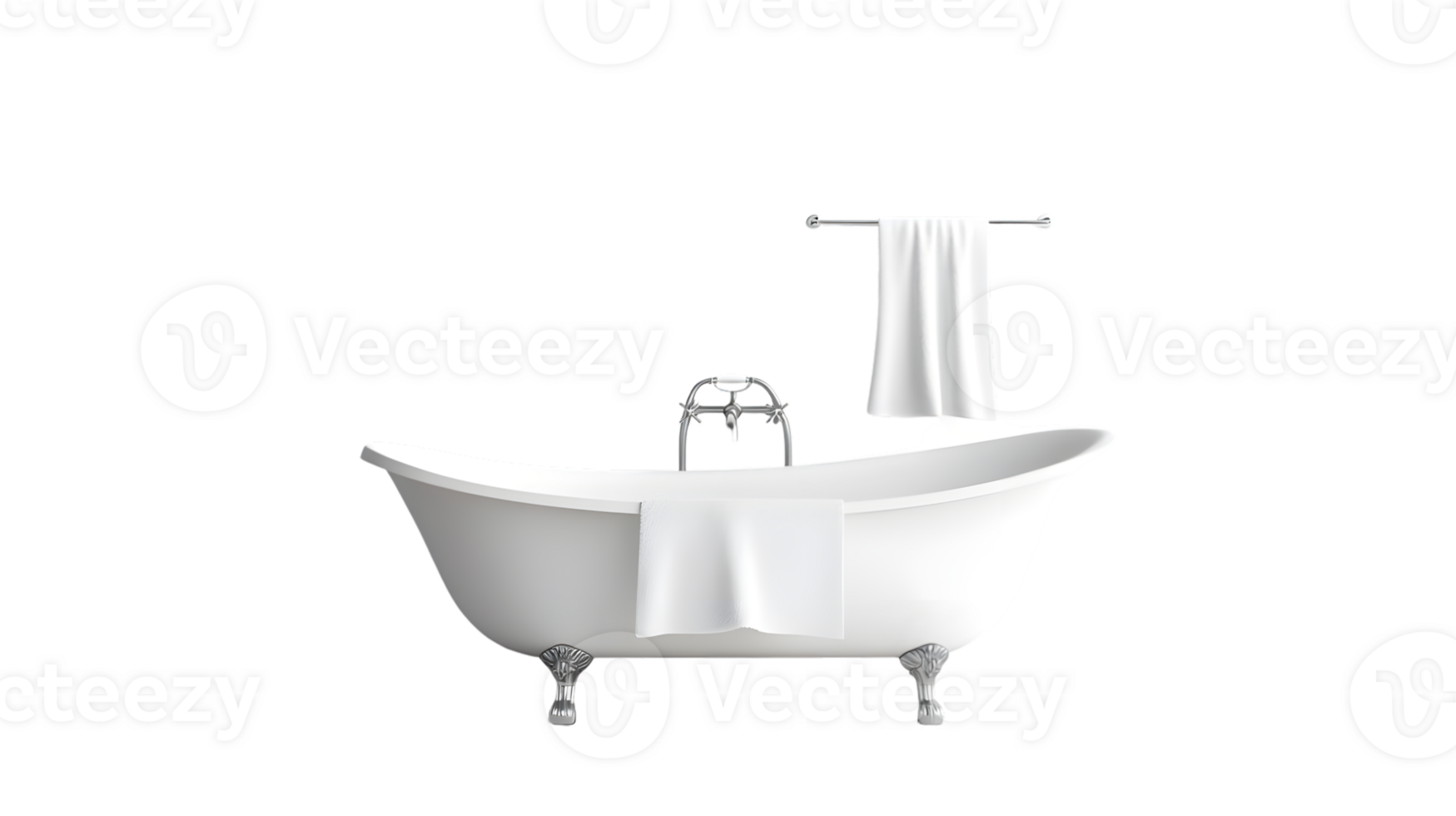 Elegant White Bathtub with Towels and Chrome Fixtures on a Black Background png