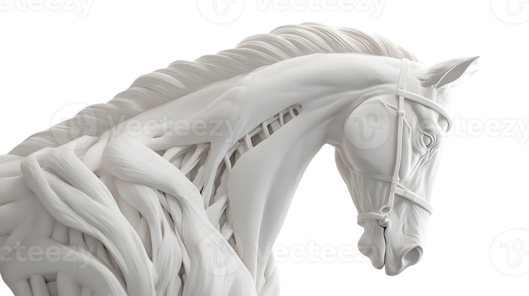 Elegant White Horse Sculpture with Intricate Braided Mane and Bridle Perfect for Artistic and png
