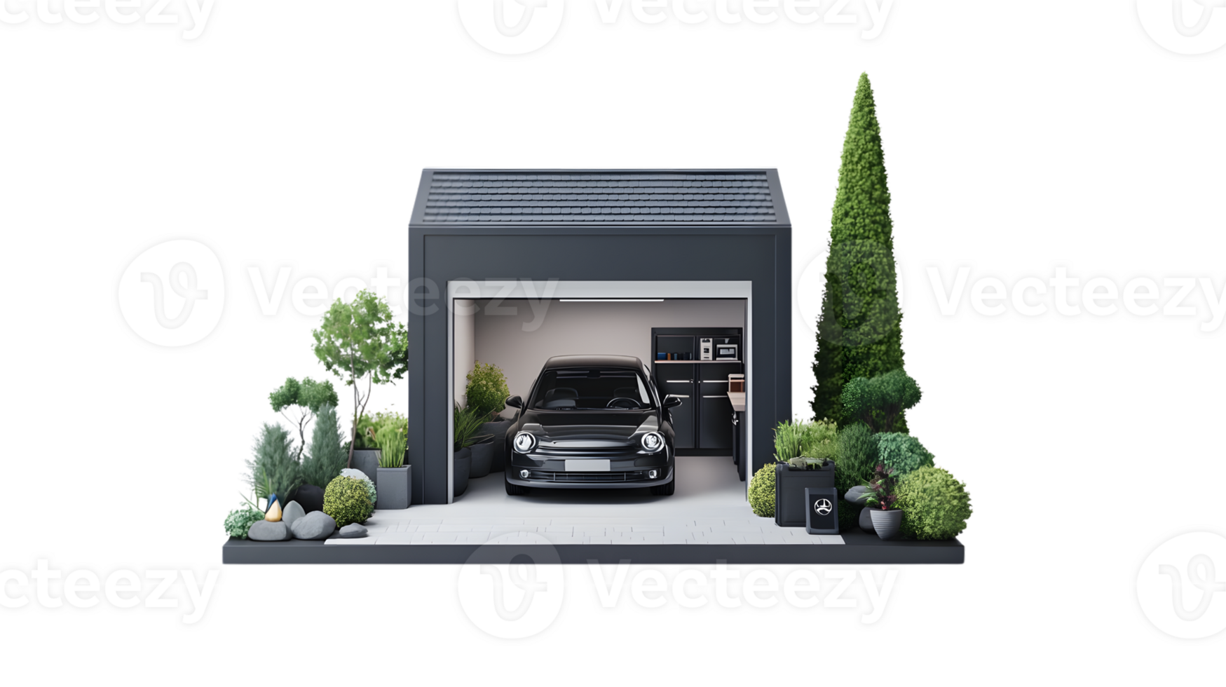 Modern Garage with Sleek Vehicle and Lush Greenery A Perfect Blend of Style and Nature for Hom png