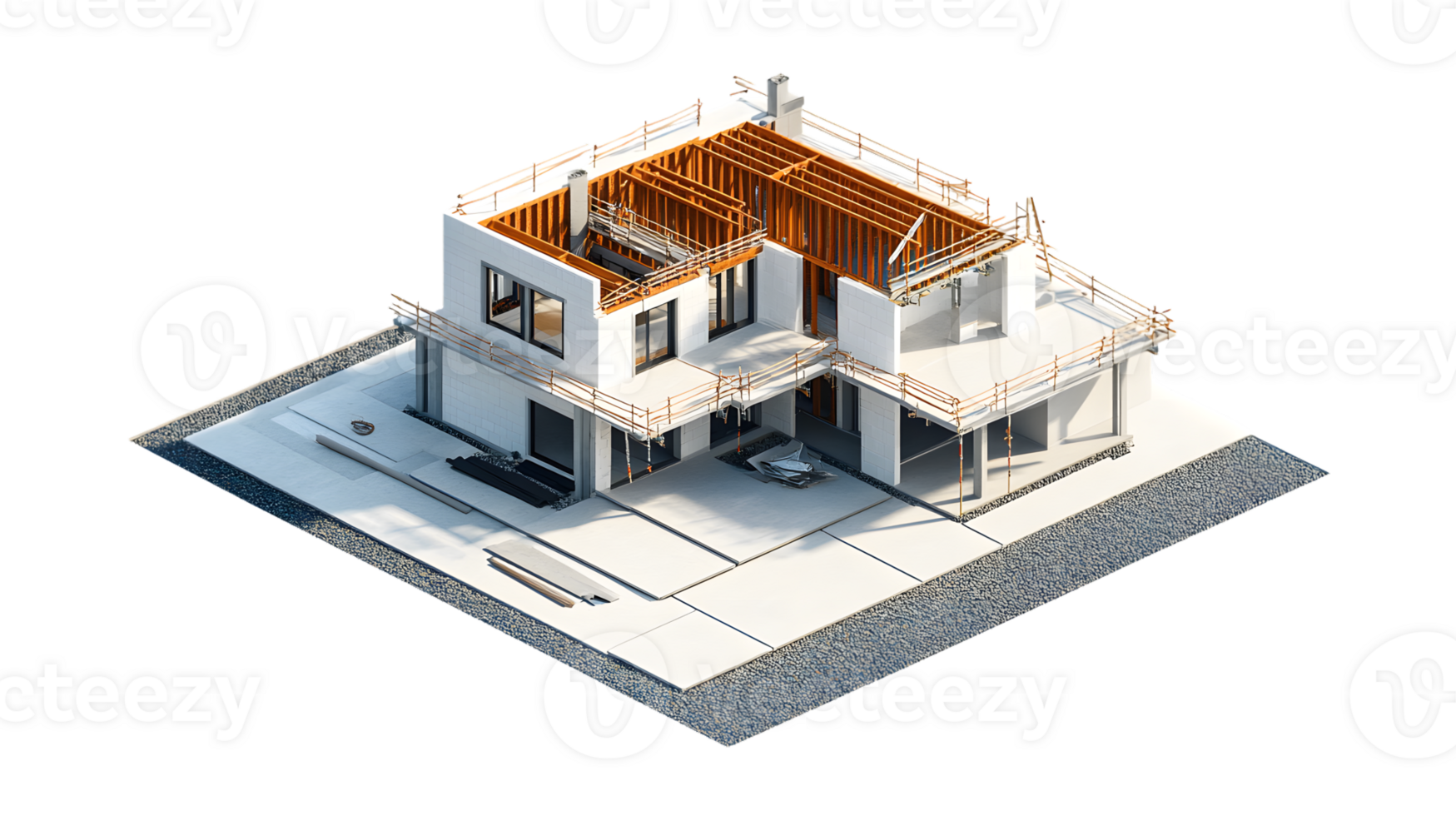 Modern House Construction in Progress with Exposed Framework and Scaffolding png