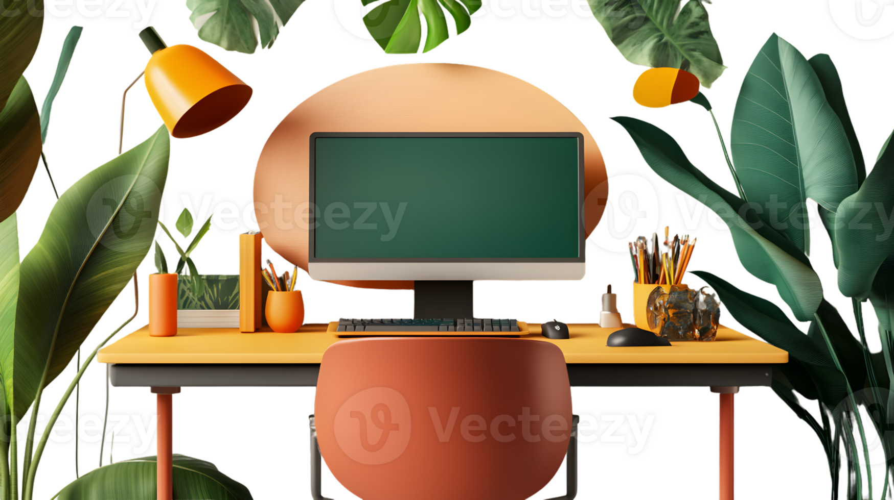 Modern workspace with computer and tropical plants png