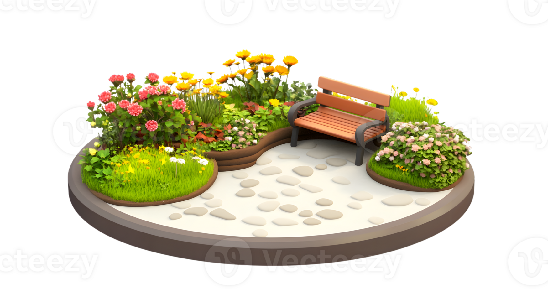 Relaxing Garden Scene with Wooden Bench and Flowerbeds png