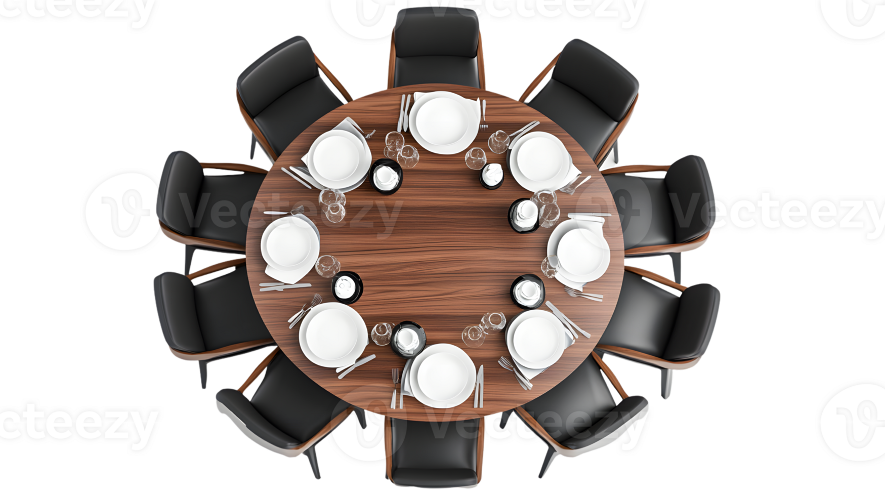 Round Dining Table Setup with Black Chairs and Place Settings for Events png