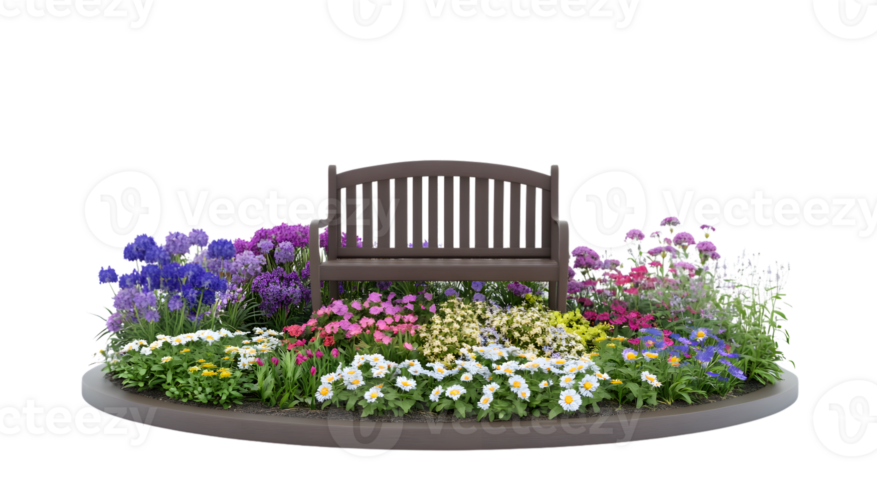 Serene Garden Scene with Bench Surrounded by Vibrant Flowers and Lush Greenery Ideal for Relax png