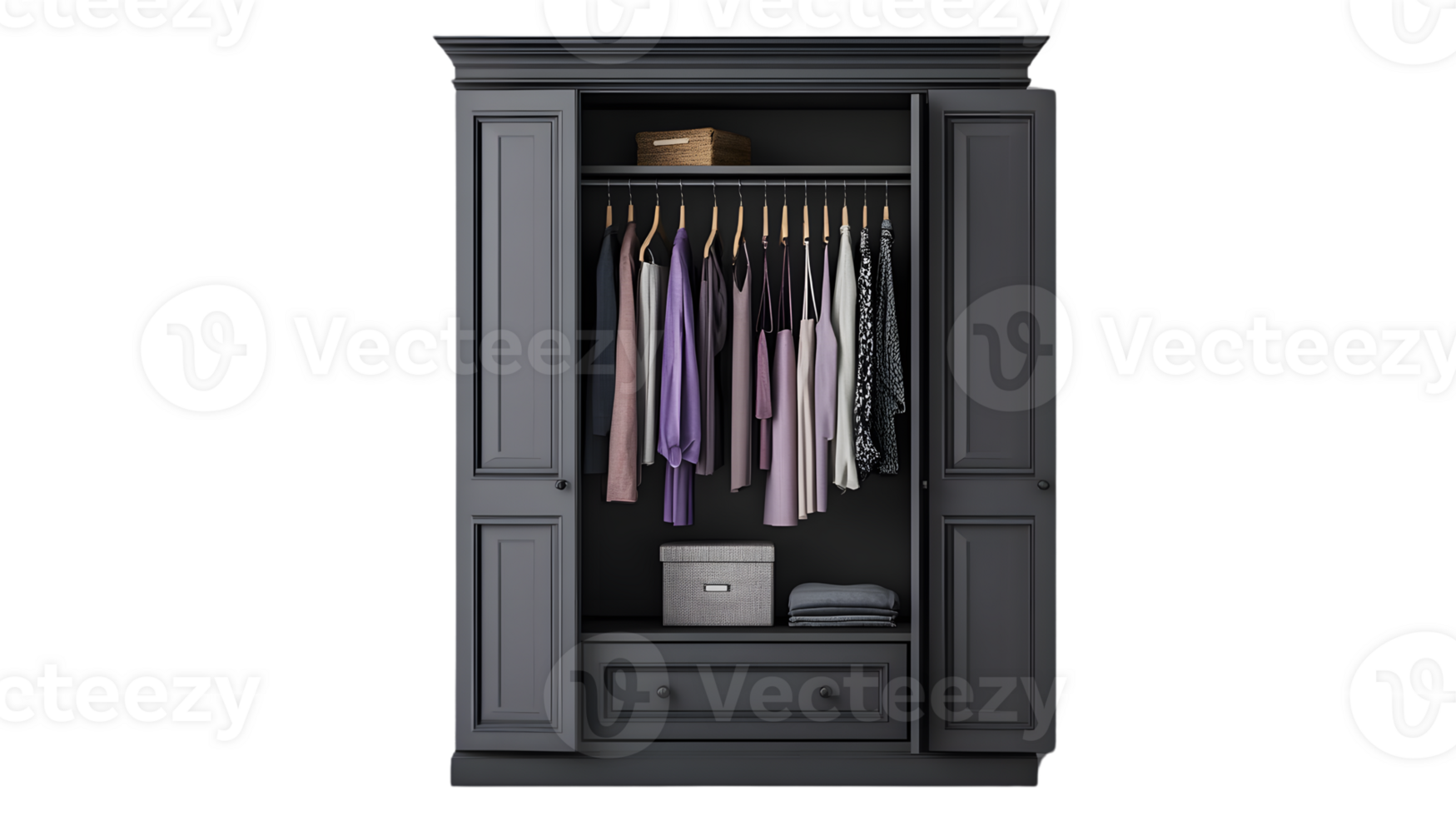 Stylish Wardrobe with Organized Clothing and Storage Solutions for Home Decor and Interior Desi png