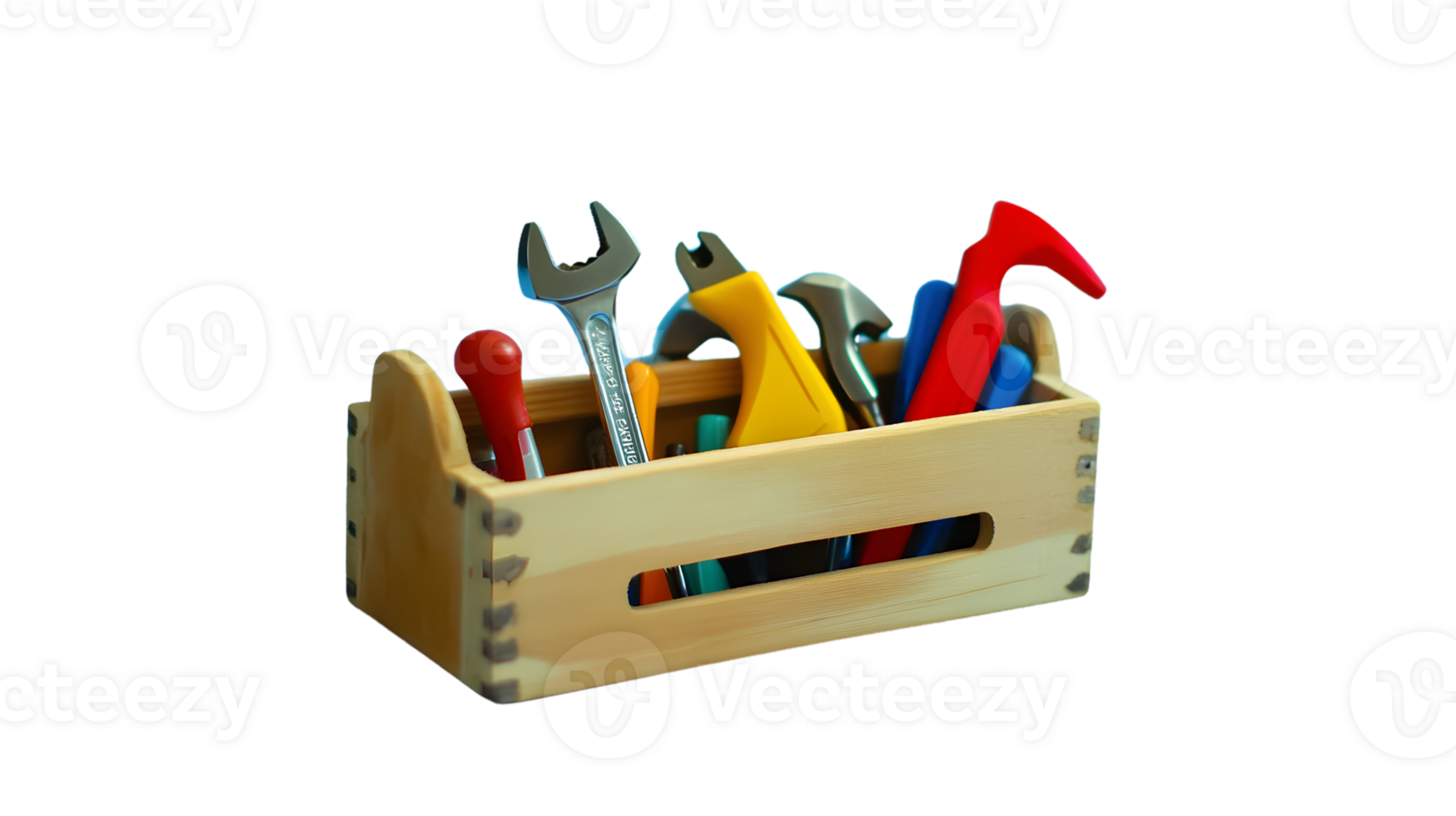 Toolbox with Assorted Hand Tools Organized Wooden Box Containing Wrenches Hammers and Screwd png