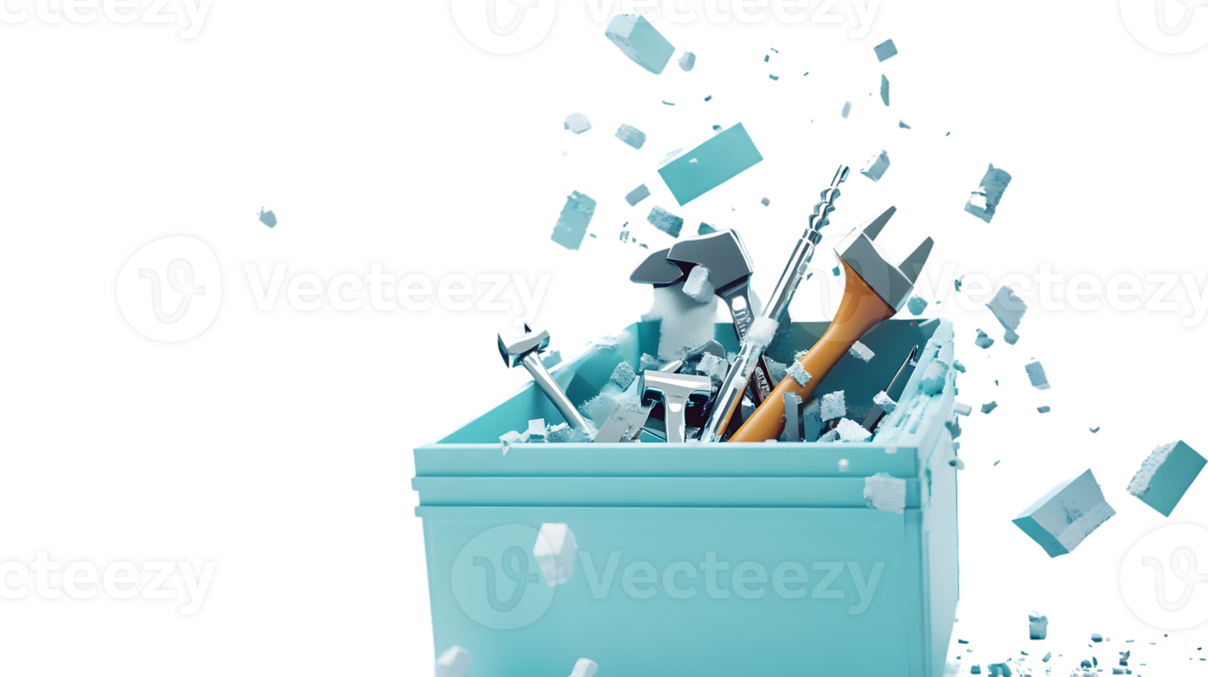 Toolbox Overflowing with Tools and Shattered Ice Cubes A Dynamic 3D Illustration png