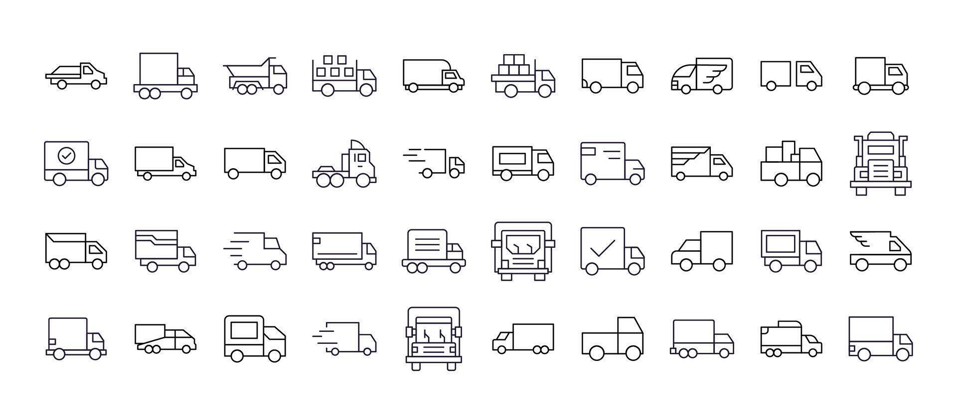 Van and Truck Line Icon Collection. Outline Signs for Graphic and Web Design, Apps, Adverts, Various Cards vector