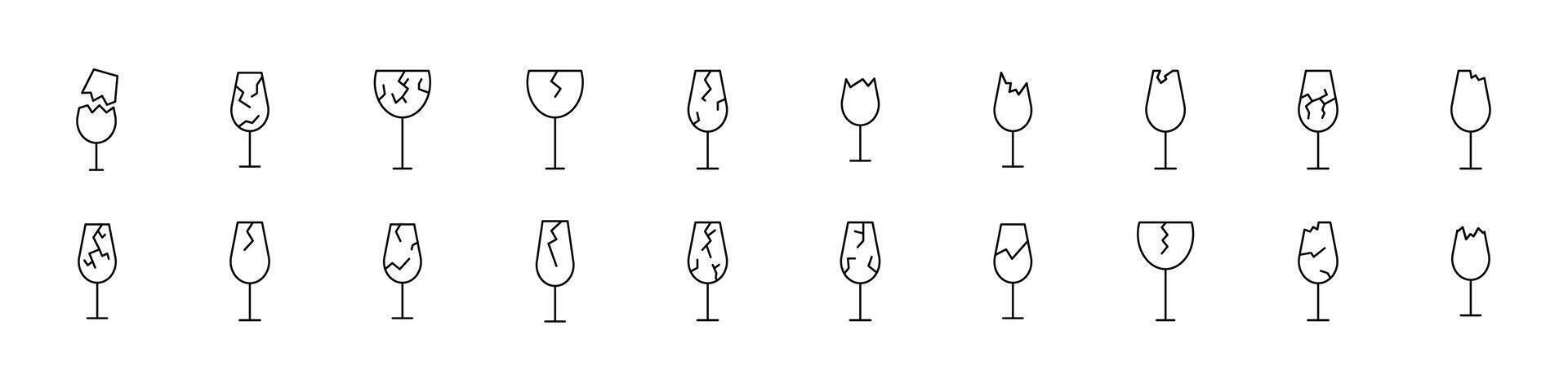 Broken Glass of Wine Line Icon Collection. Minimalistic Linear Pictogram for Web and Graphic Design, Apps, Banners, Social Network and Cards vector