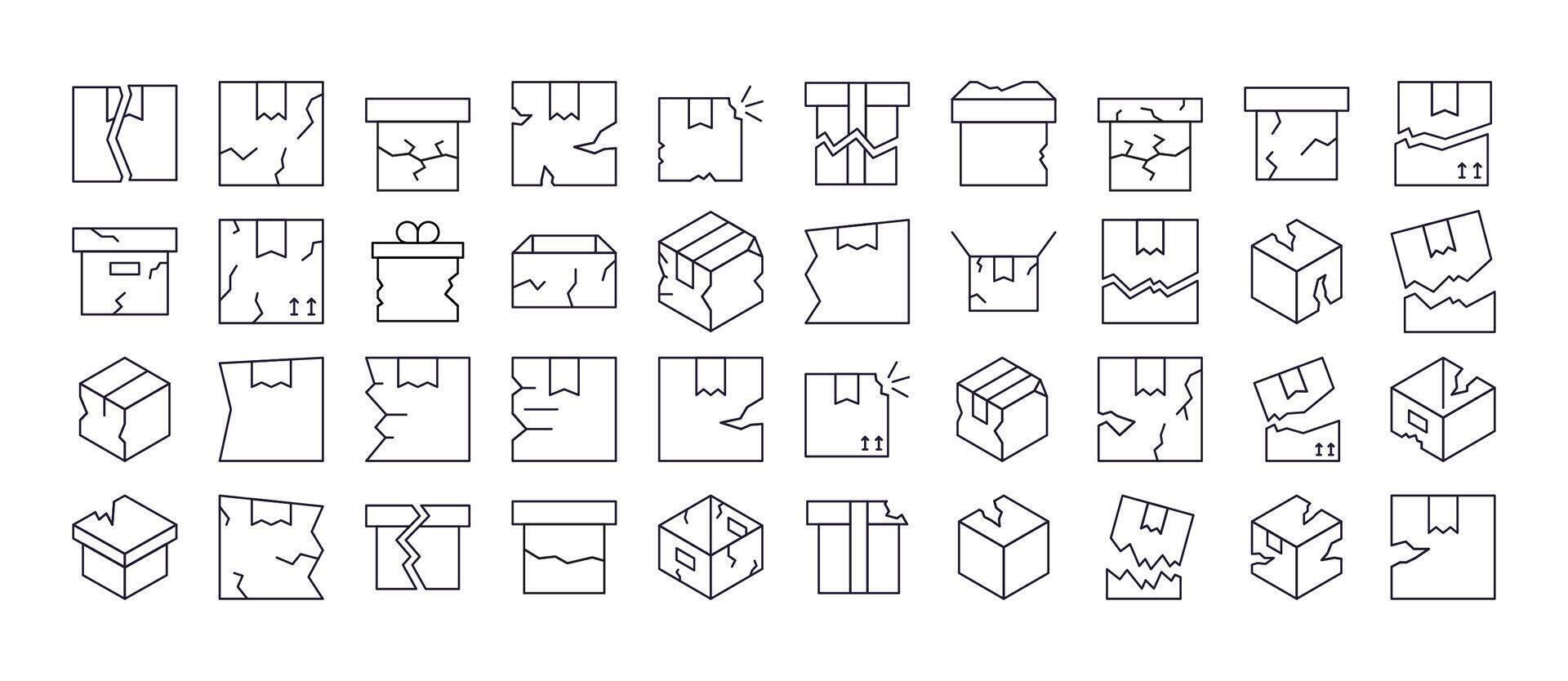 Pack of Broken Box Related Line Icons. Outline Signs for Graphic and Web Design, Apps, Adverts, Various Cards vector
