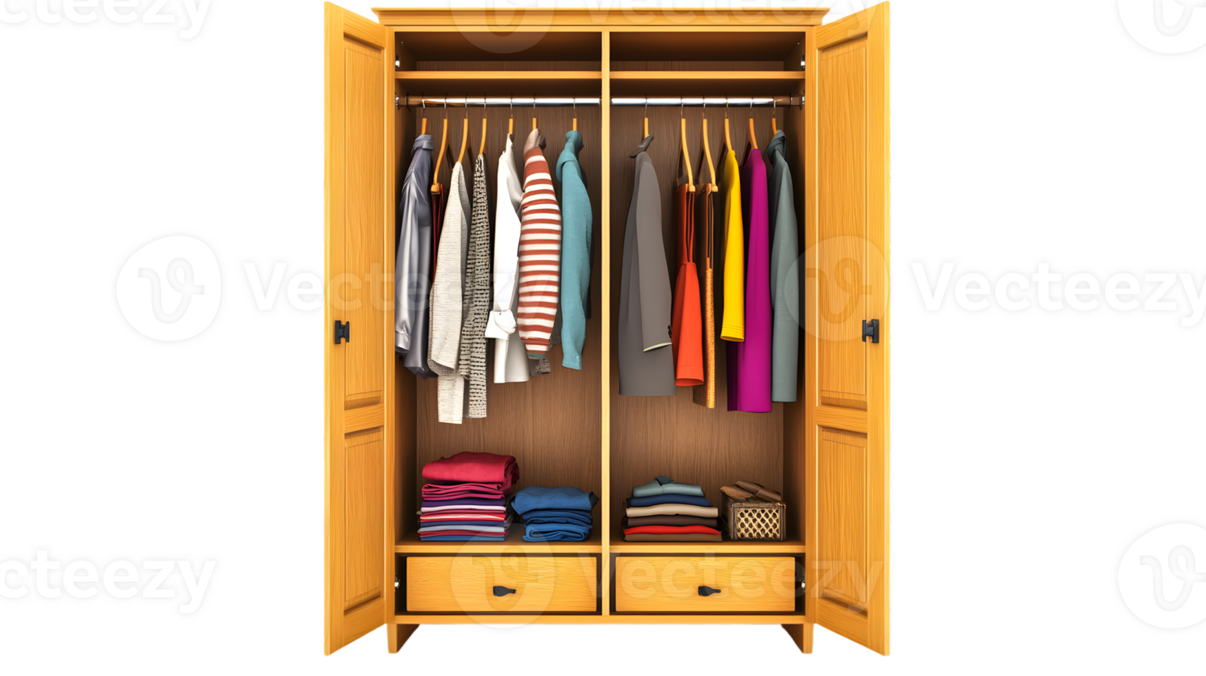 Wooden wardrobe with clothes hanging and folded png