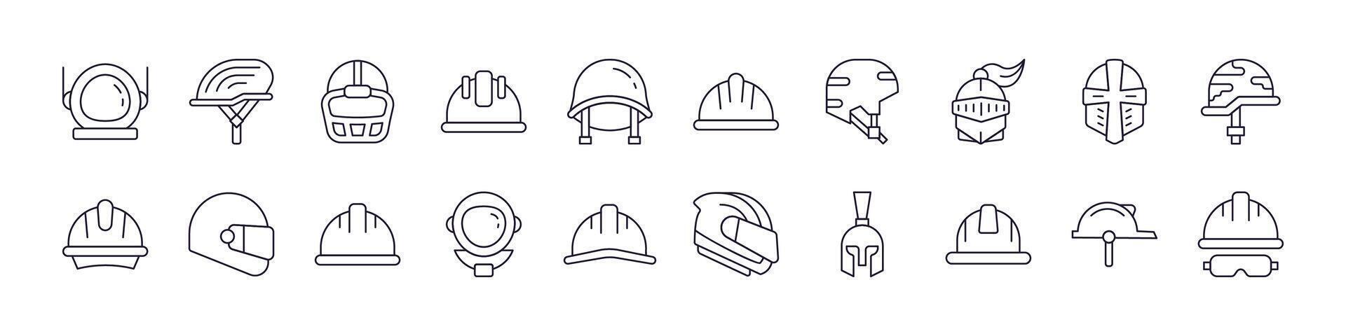 Bundle of Helmet Related Line Icons. Outline Signs for Graphic and Web Design, Apps, Adverts, Various Cards vector