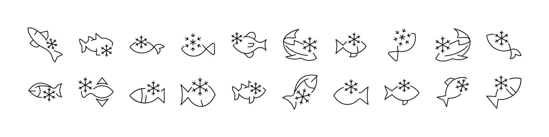 Frozen Fish Thin Line Icon Set. Outline Signs for Graphic and Web Design, Apps, Adverts, Various Cards vector