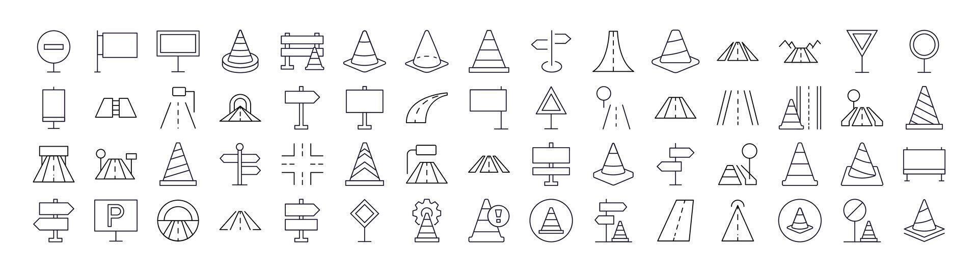 Set of Road, Path, Traffic Cone Related Line Icons. Outline Signs for Graphic and Web Design, Apps, Adverts, Various Cards vector