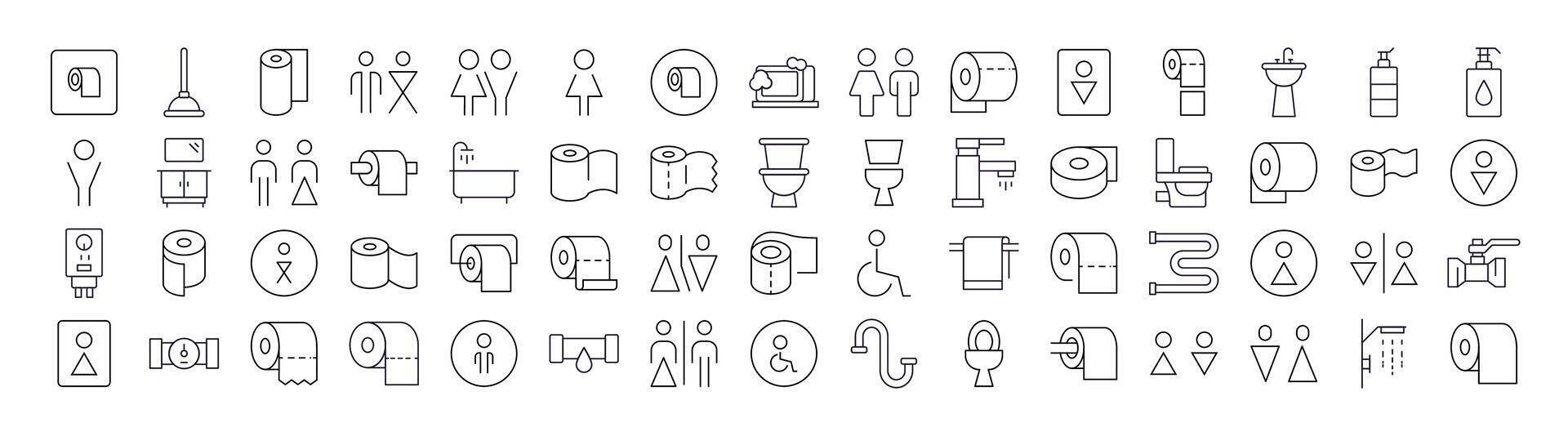 Bathroom and Toilet Line Icon Pack. Outline Signs for Graphic and Web Design, Apps, Adverts, Various Cards vector