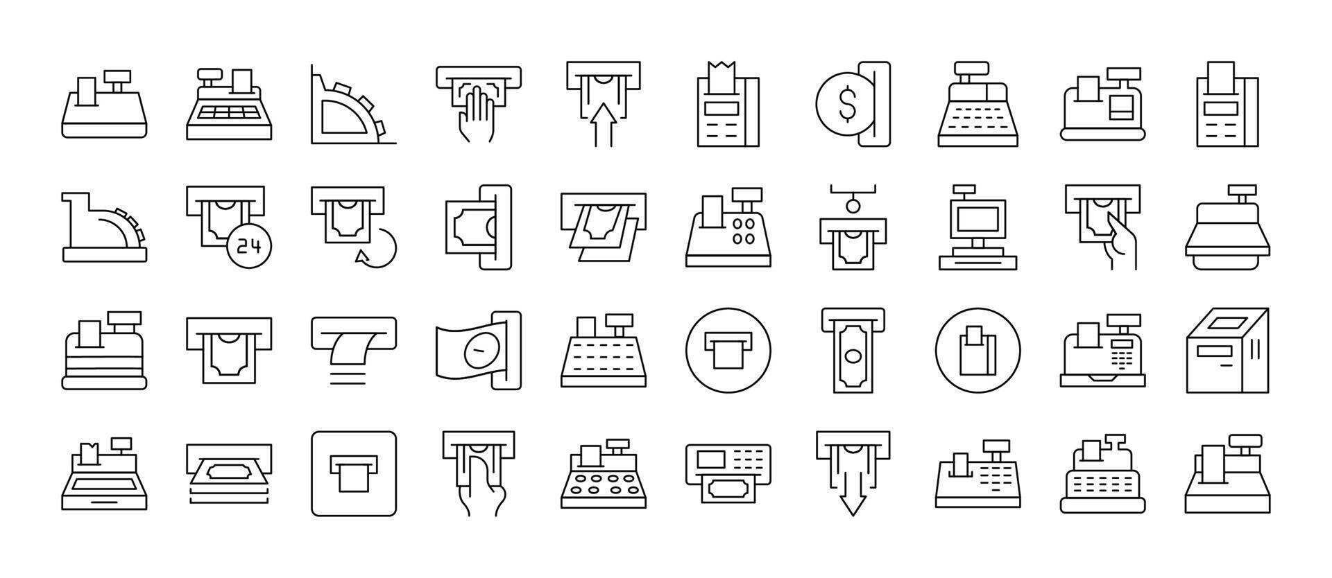 Pack of Money and Finance Related Line Icons. Cash Register and Receipt Outline Signs for Graphic and Web Design, Apps, Adverts, Various Cards vector